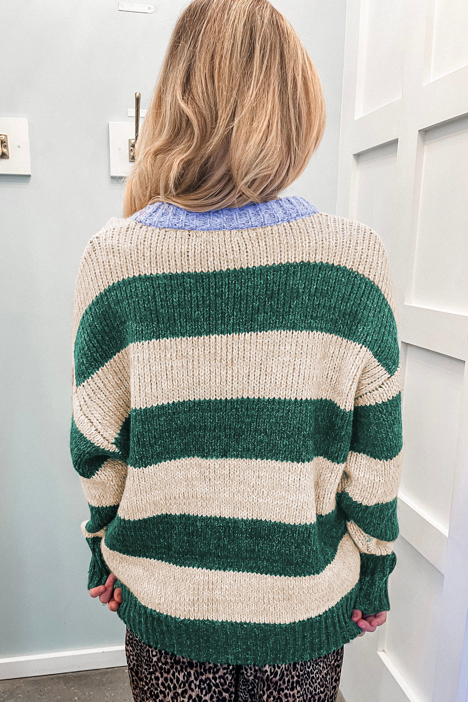 Striped Colorblock Drop Shoulder Pullover Sweater – Green Stripe
