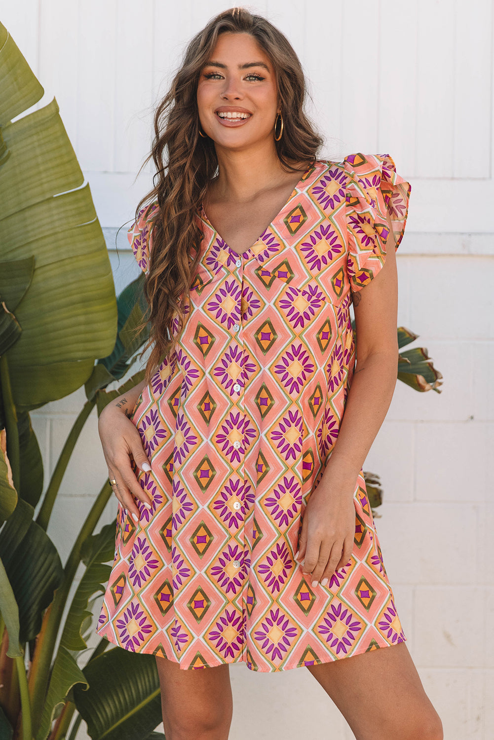 Orange Geometric Floral V Neck Buttoned Ruffled Sleeve Mini Dress eAura