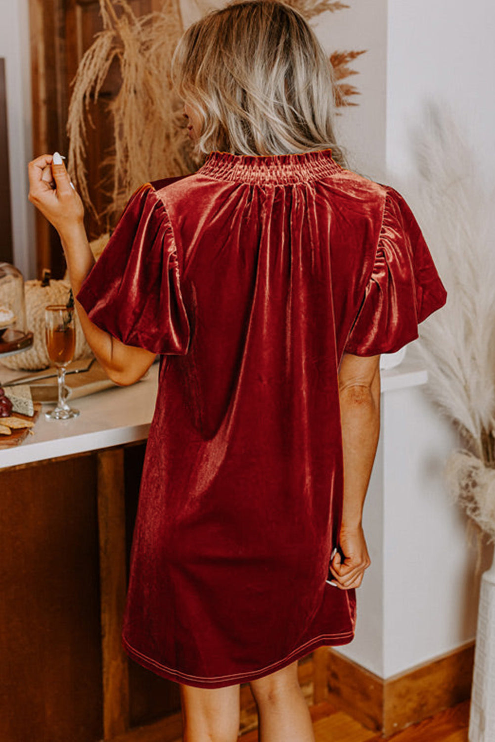 Cinnamon Velvet Smocked Neckline Puff Sleeve Shift Mini Dress eAura