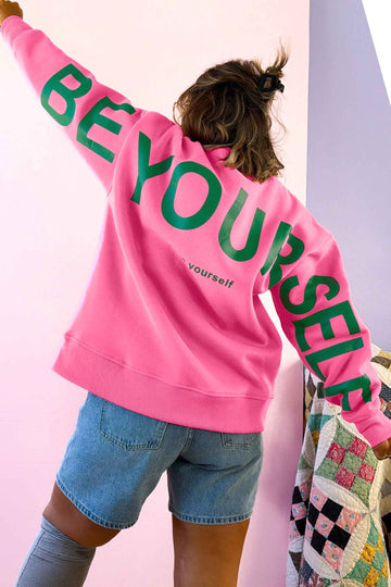 Slogan Print Round Neck Long Sleeve Sweatshirt – Sachet Pink