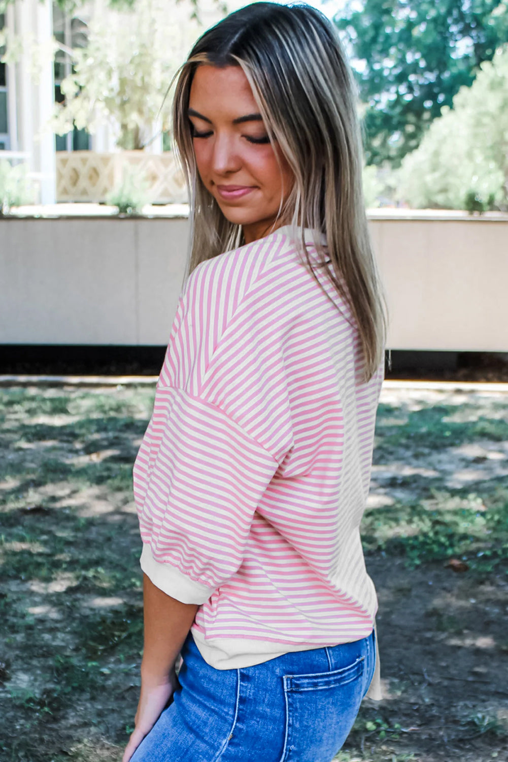 Pink Striped 3/4 Sleeve Drop Shoulder Top eAura