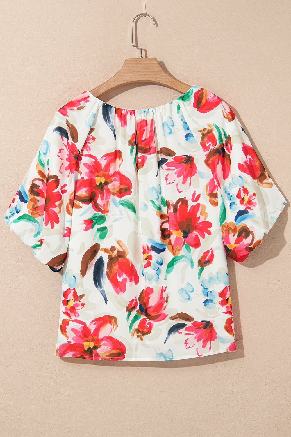 White Floral Print Puffy Half Sleeve Blouse eAura
