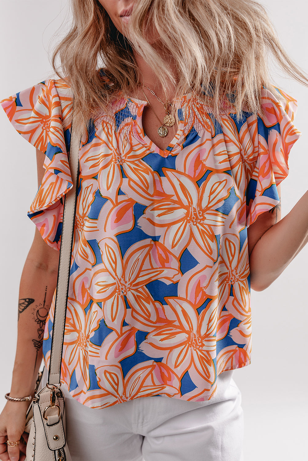 Orange Summer Flower Print Notched Neck Ruffle Sleeve Blouse eAura