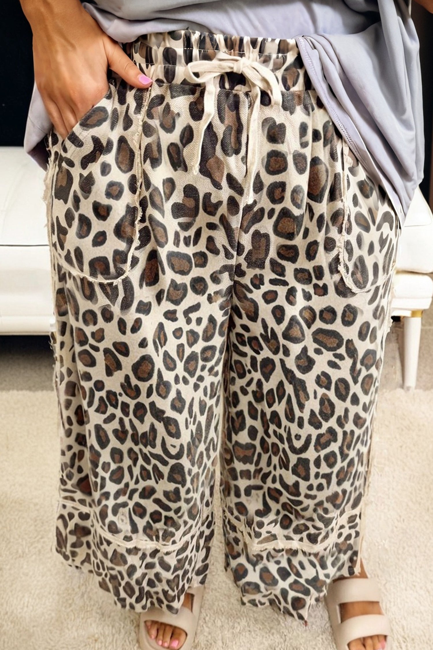 Exposed Seam Patched Pocket Plus Size Drawstring Leopard Wide Leg Pants - eAura