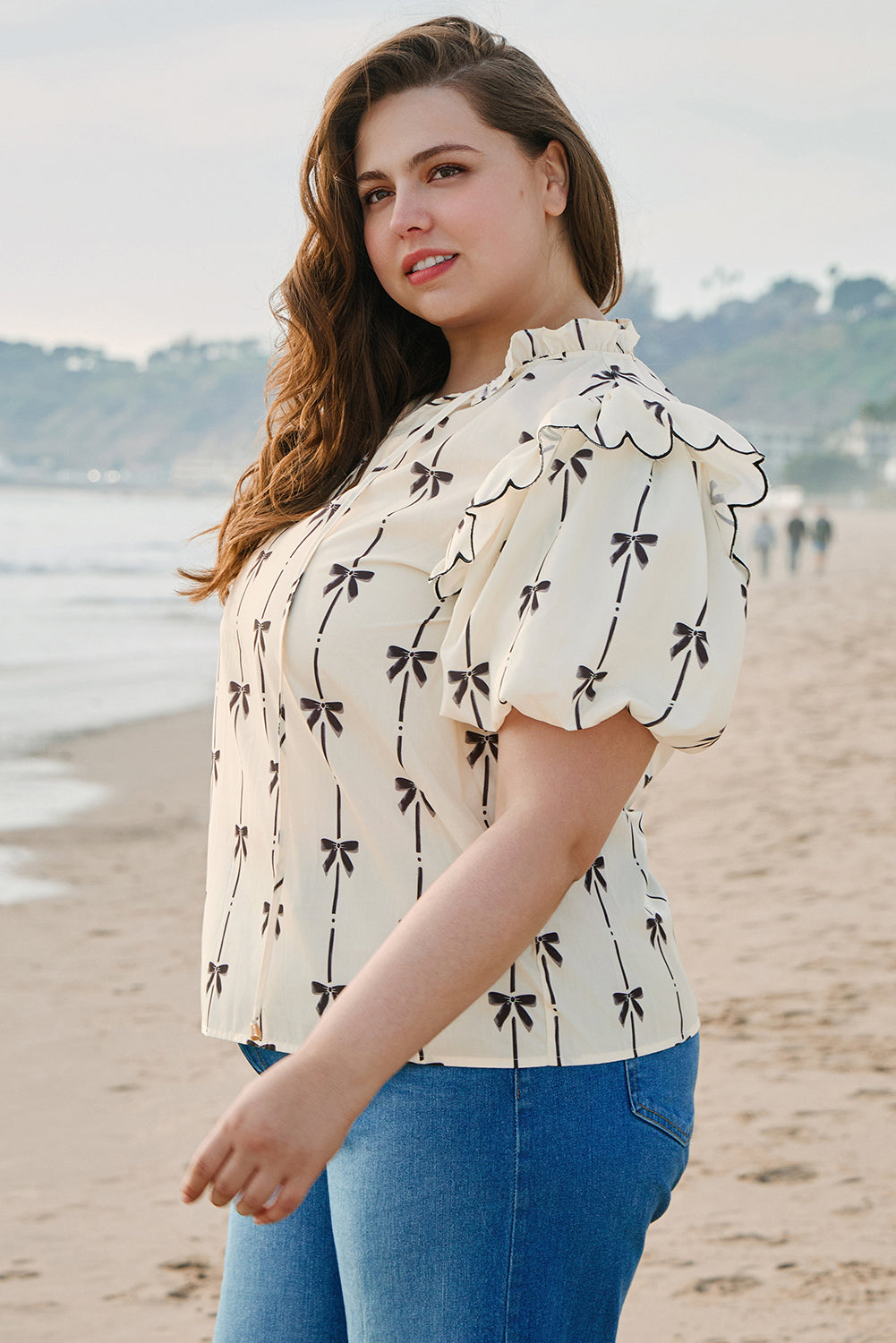 Apricot Bow Printed Ruffled Bubble Sleeve Lace-up Notched Neck Plus Size Blouse - eAura
