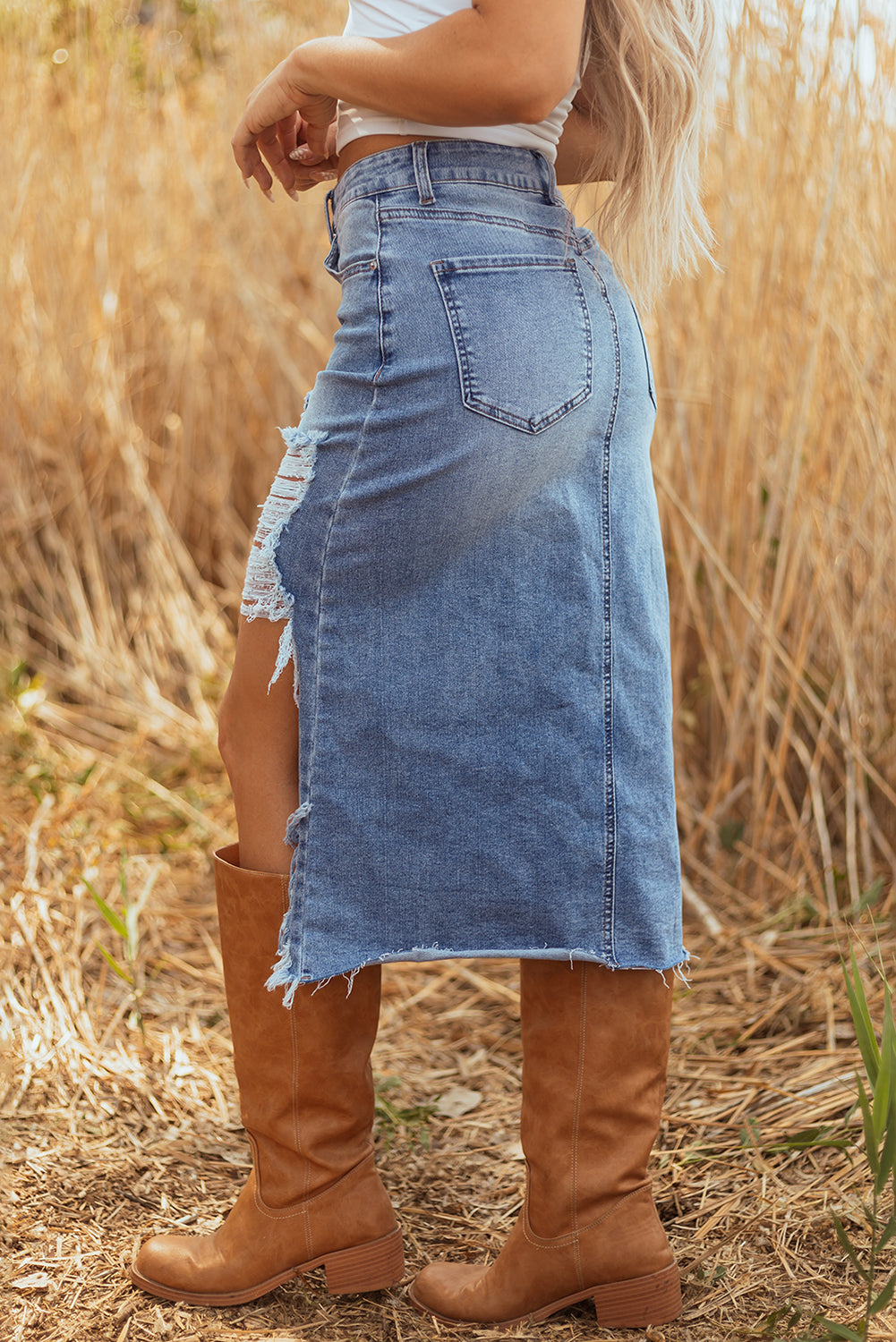 Irregular Distressed Bottom Denim Midi Skirt - eAura