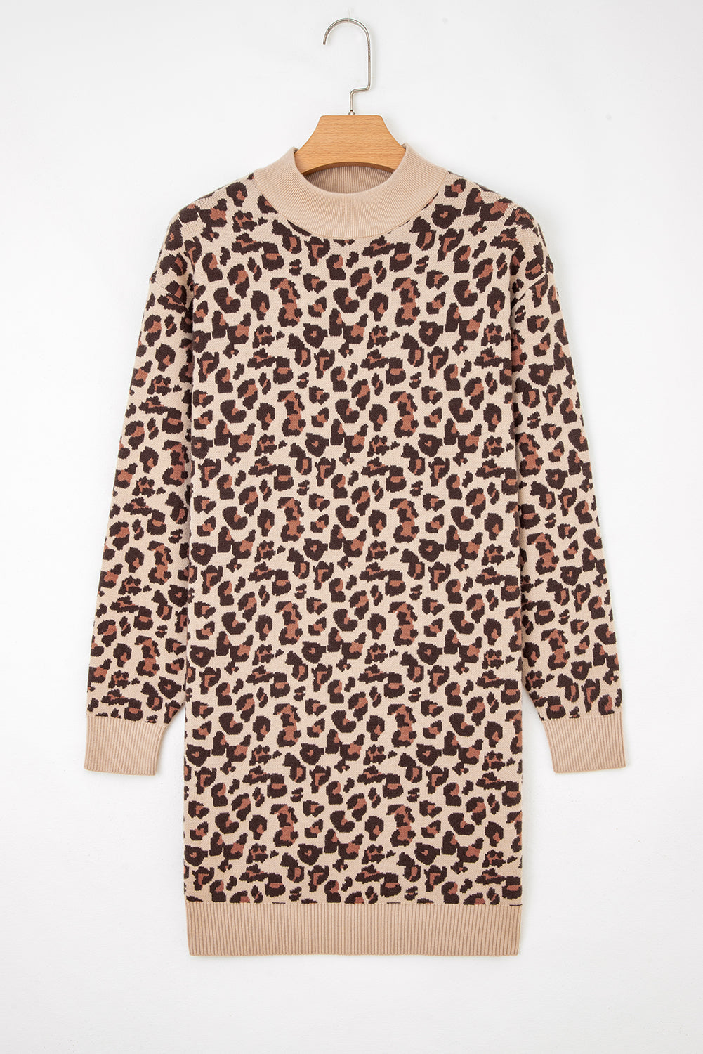 Leopard Print High Neck Shift Mini Sweater Dress - eAura