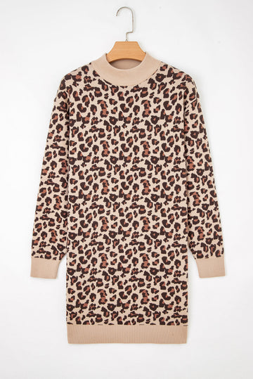 Leopard Print High Neck Shift Mini Sweater Dress - eAura