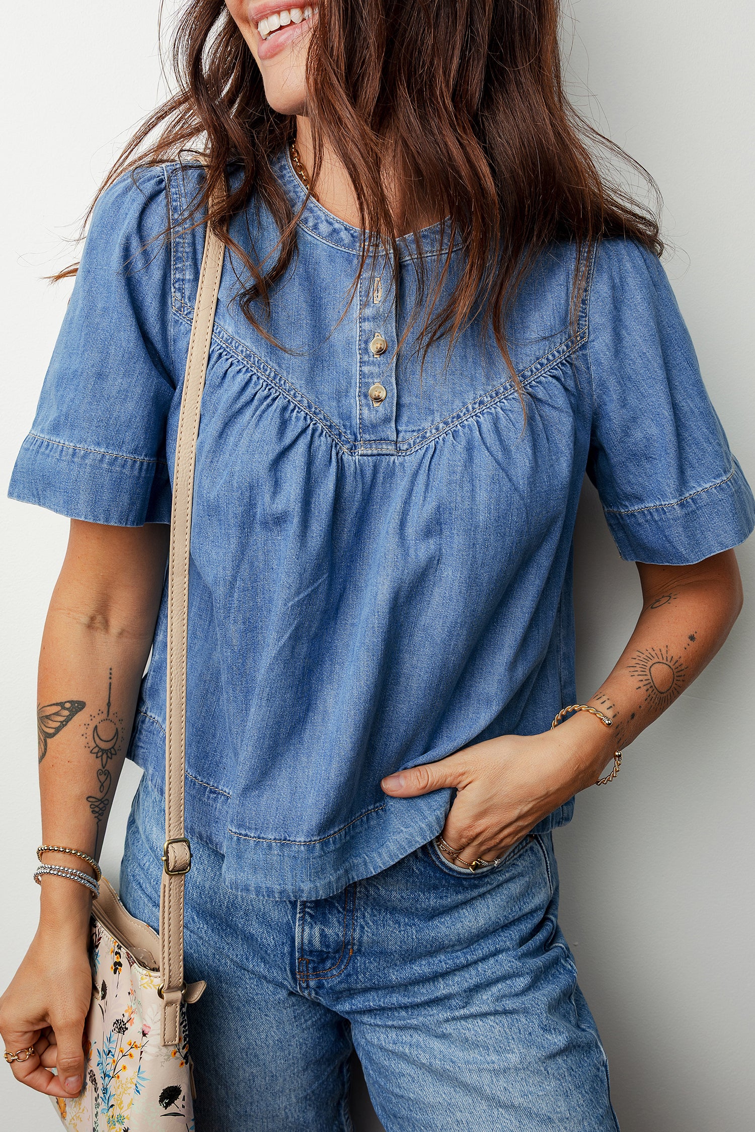 Seam Pleated Detail Half Button Short Sleeve Denim Blouse - Tops/Blouses & Shirts