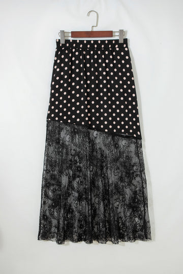 Black Asymmetric Polka Dot Print Sheer Lace Patchwork Maxi Skirt