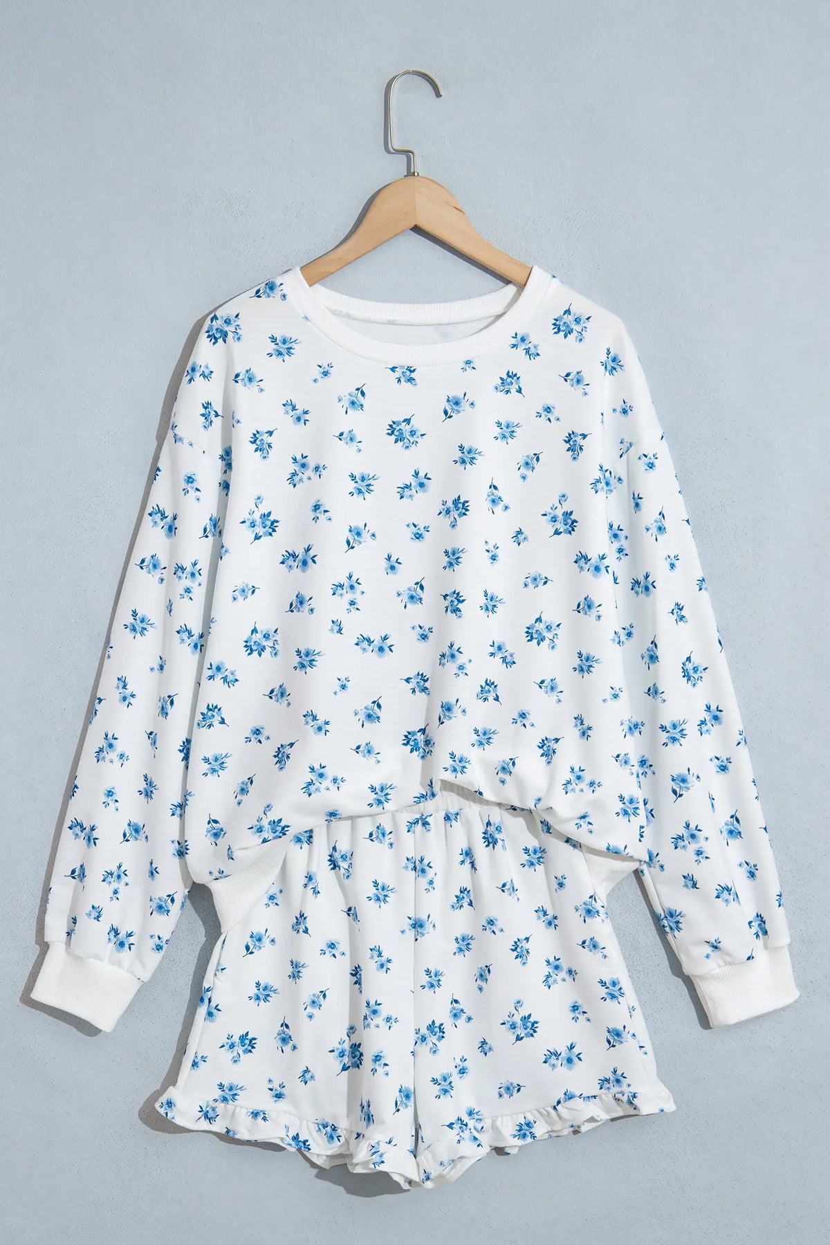 Floral Print Long Sleeve Top Elastic Waist Ruffle Hem Shorts 2pcs Set – Sky Blue