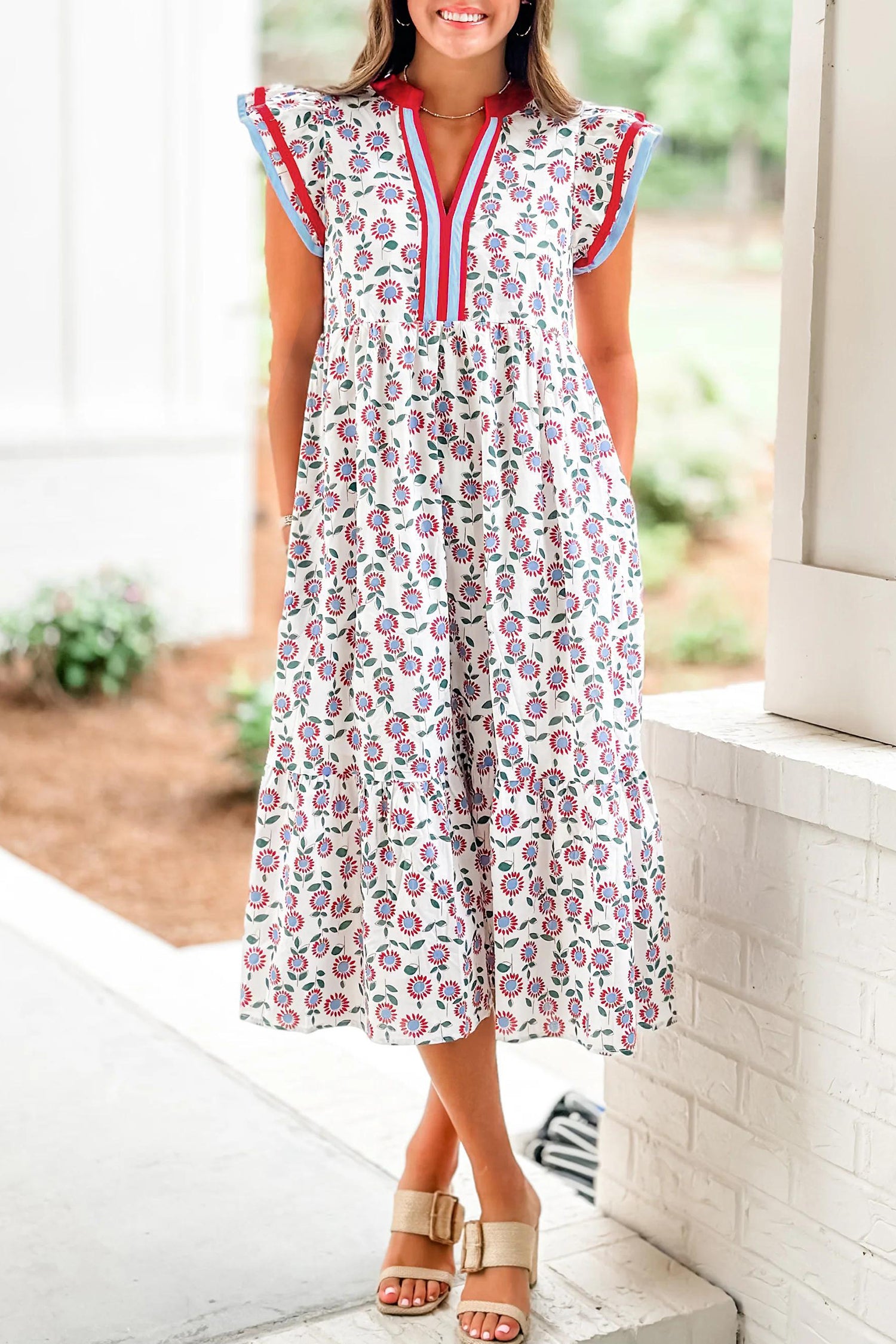 Sunflower Print Striped Patchwork Trim Flutter Sleeve Long Dress