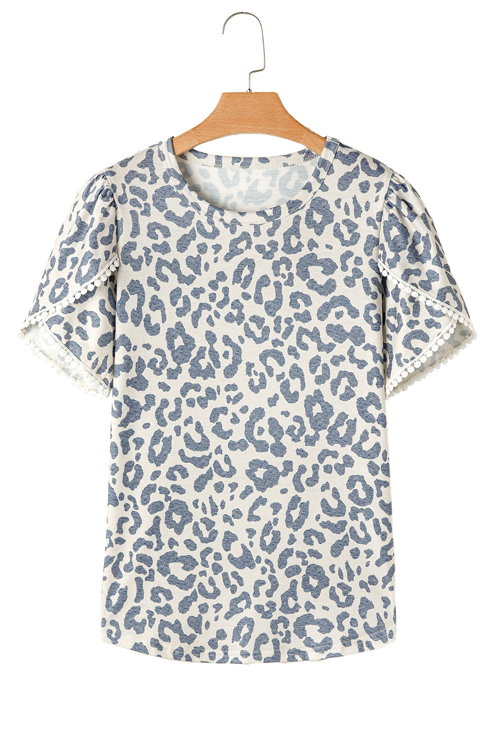 Beige Leopard Round Neck Lace Trim Petal Sleeve T Shirt - eAura
