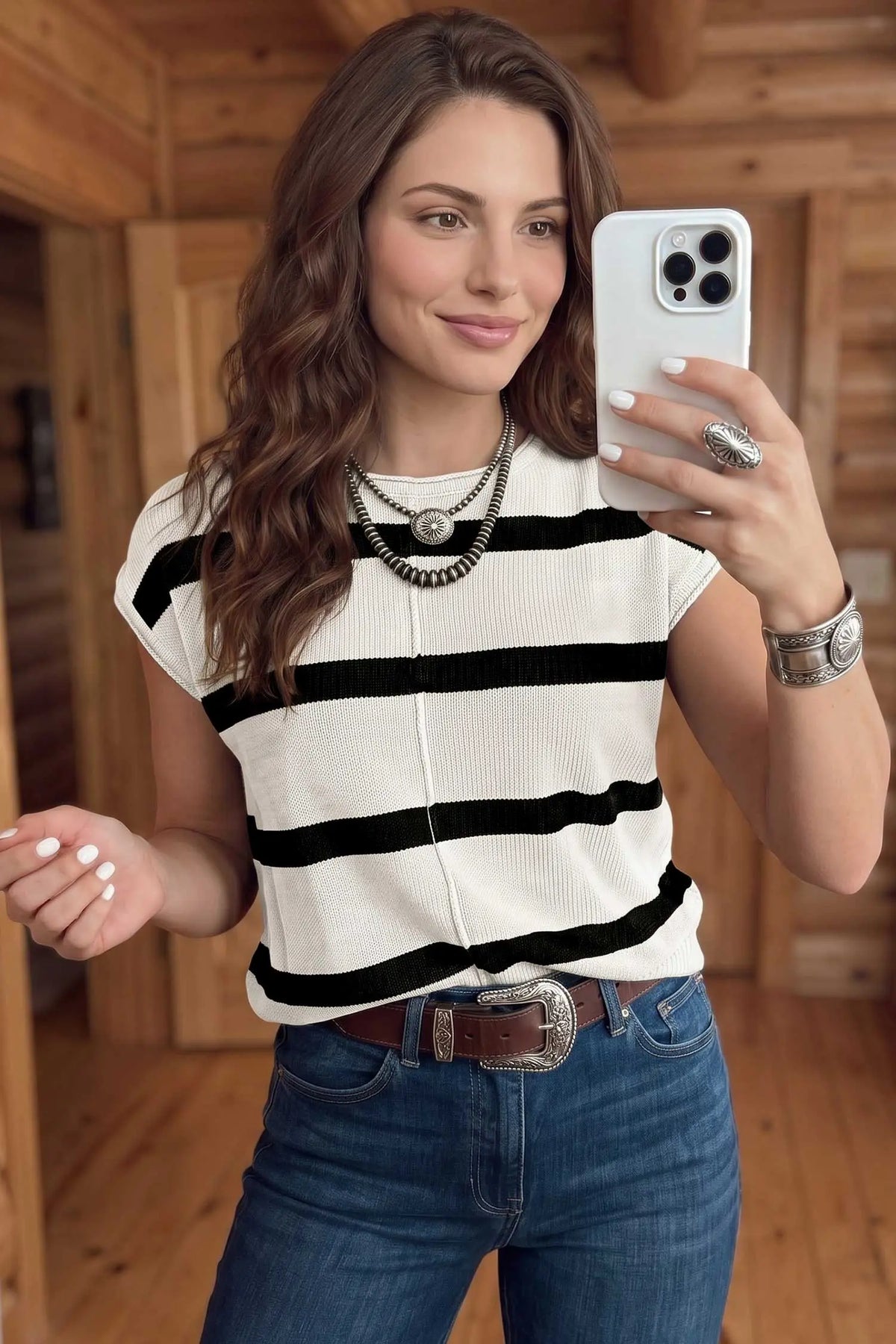 Knit Western Short Sleeve Sweater – Brown Stripe