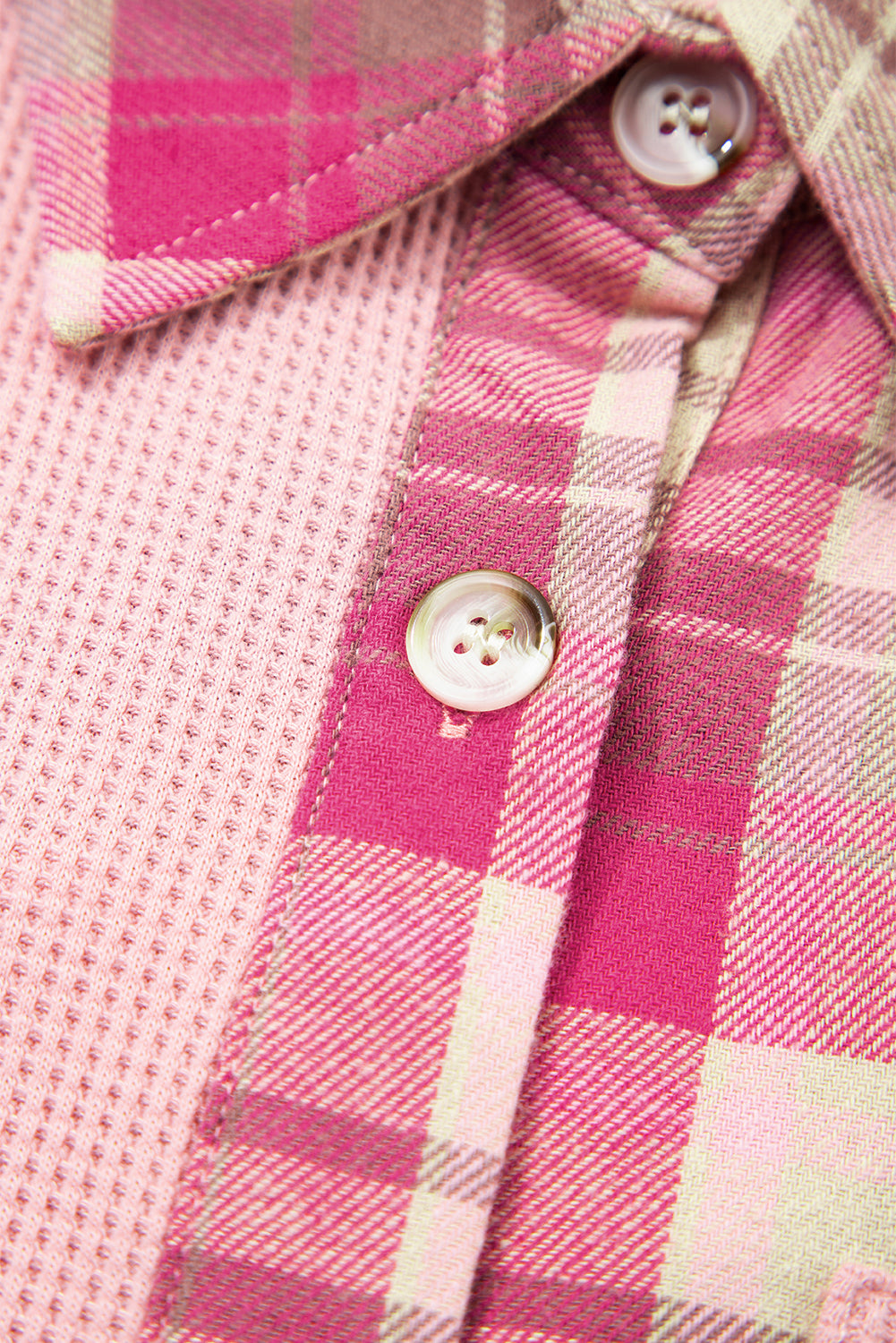Pink Waffle Patch Pocket Plaid Patchwork Plus Size Shirt - eAura