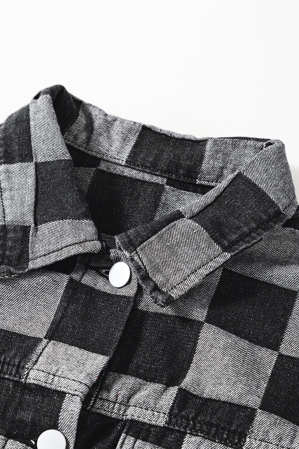Light Blue Checkered Patchwork Button up Denim Jacket Beagle Boutique Fashion Outlet