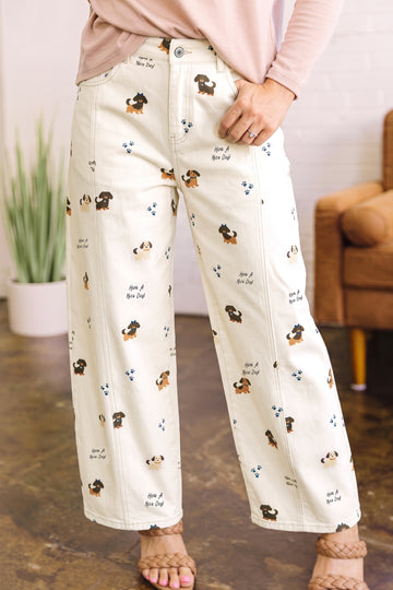 Abstract Dog Print Wide Leg Full-Length Jeans – White