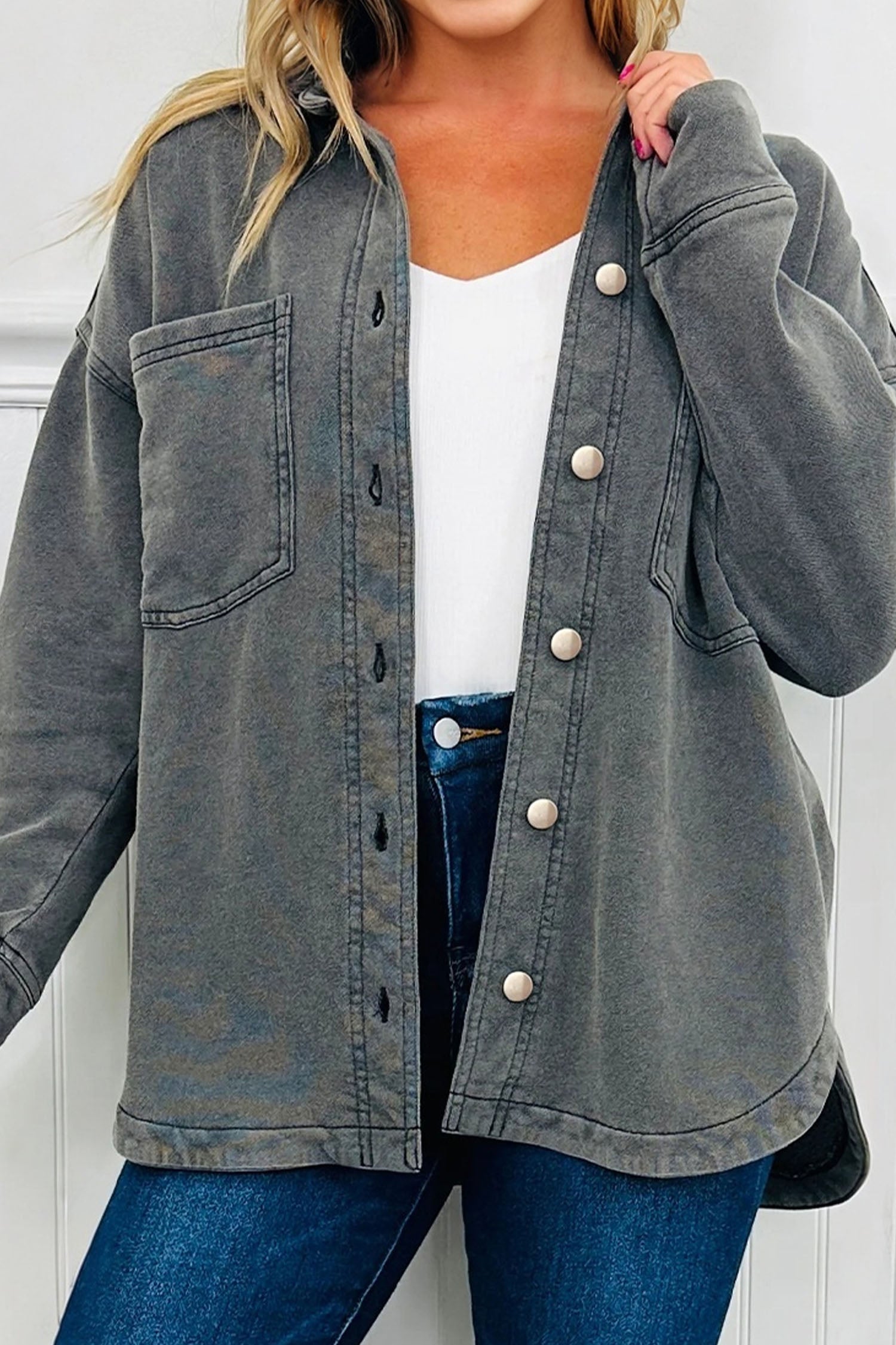 Mineral Wash Chest Pockets Drop Shoulder Shacket with Side Slit - eAura