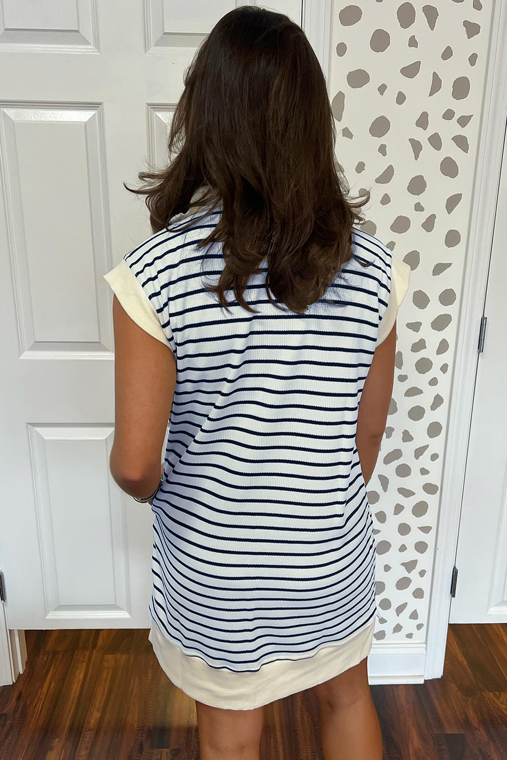 Blue Stripe Quarter Zip Collared Cap Sleeve Mini Dress eAura