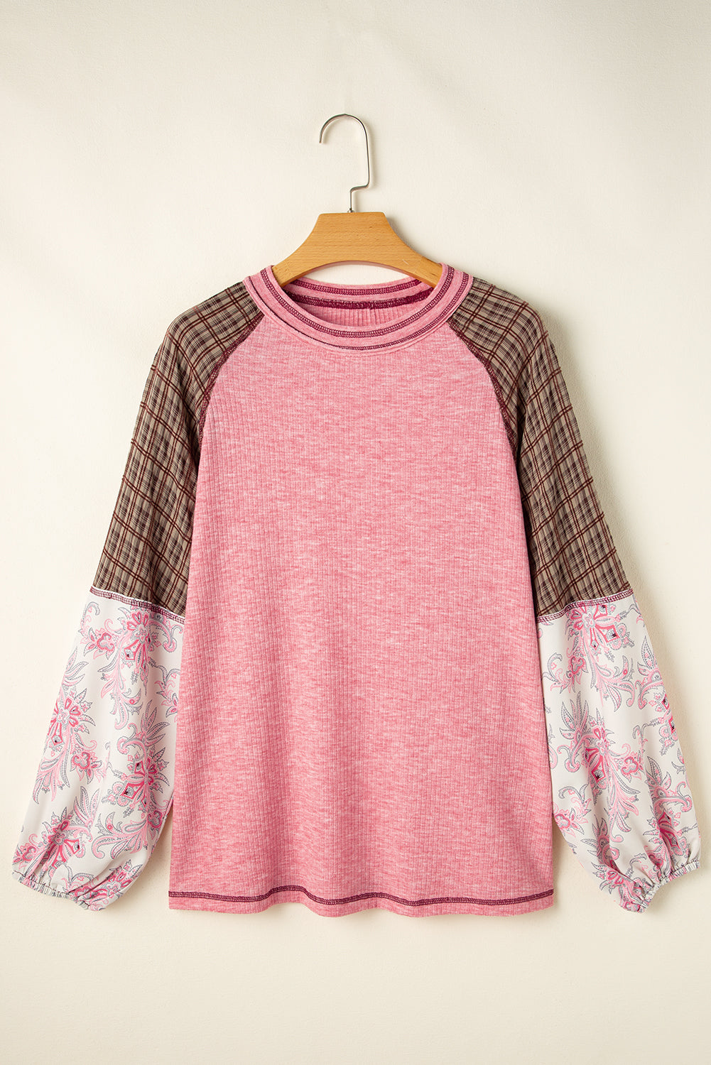 Fushia Mixed Print Patchwork Raglan Ribbed Knit Top eAura