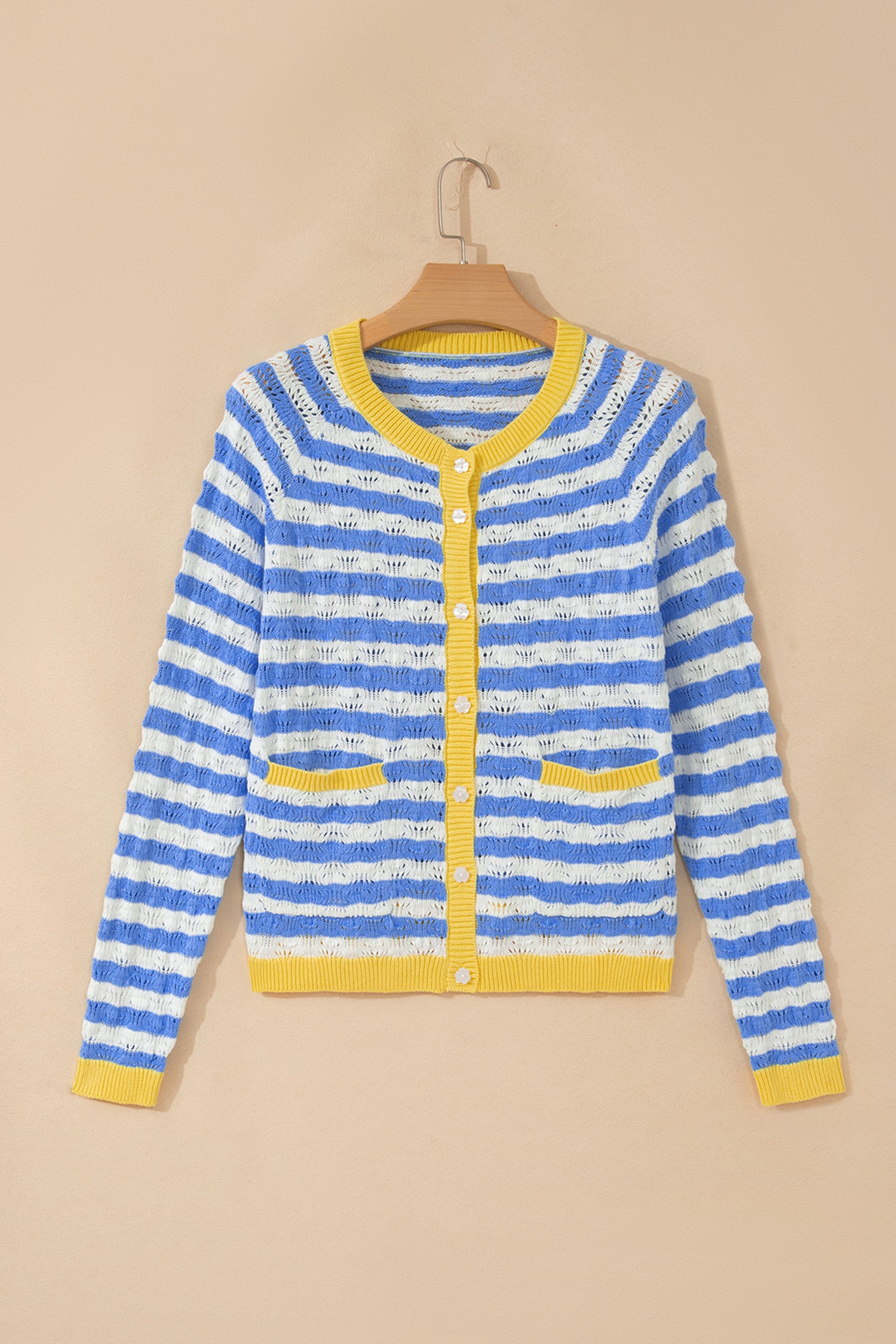 Striped Colorblock Button Front Long Sleeve Loose Fit Knit Cardigan – Sky Blue Stripe