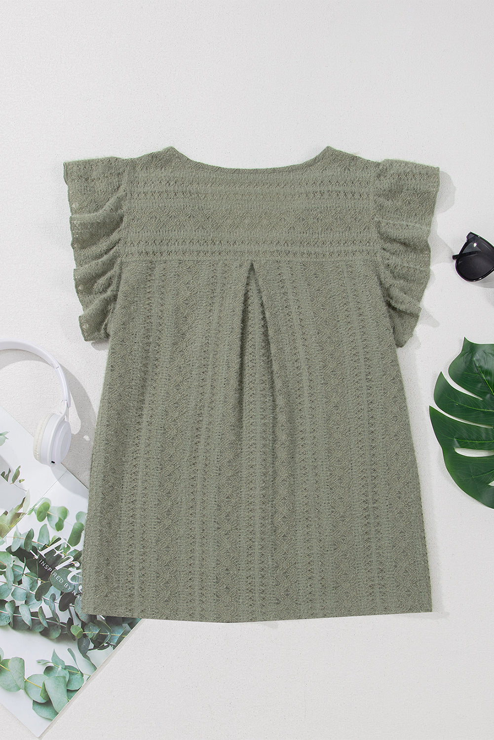 Laurel Green Flutter Sleeve Lace V Neck Shirt eAura