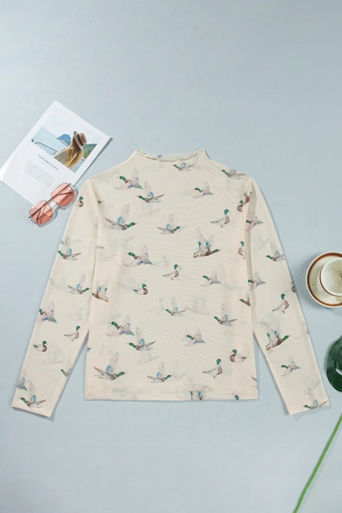 Mesh Duck Print Tunic Long Sleeve Plus Size Blouse – Beige
