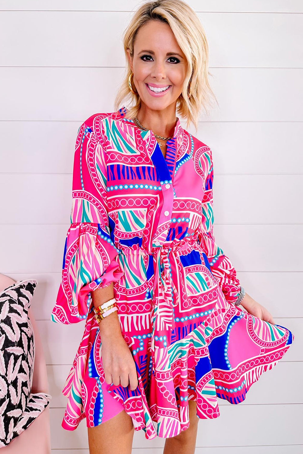 Rose Boho Abstract Printed Puff Sleeve Drawstring Waist Ruffled Mini Dress Beagle Boutique Fashion Outlet