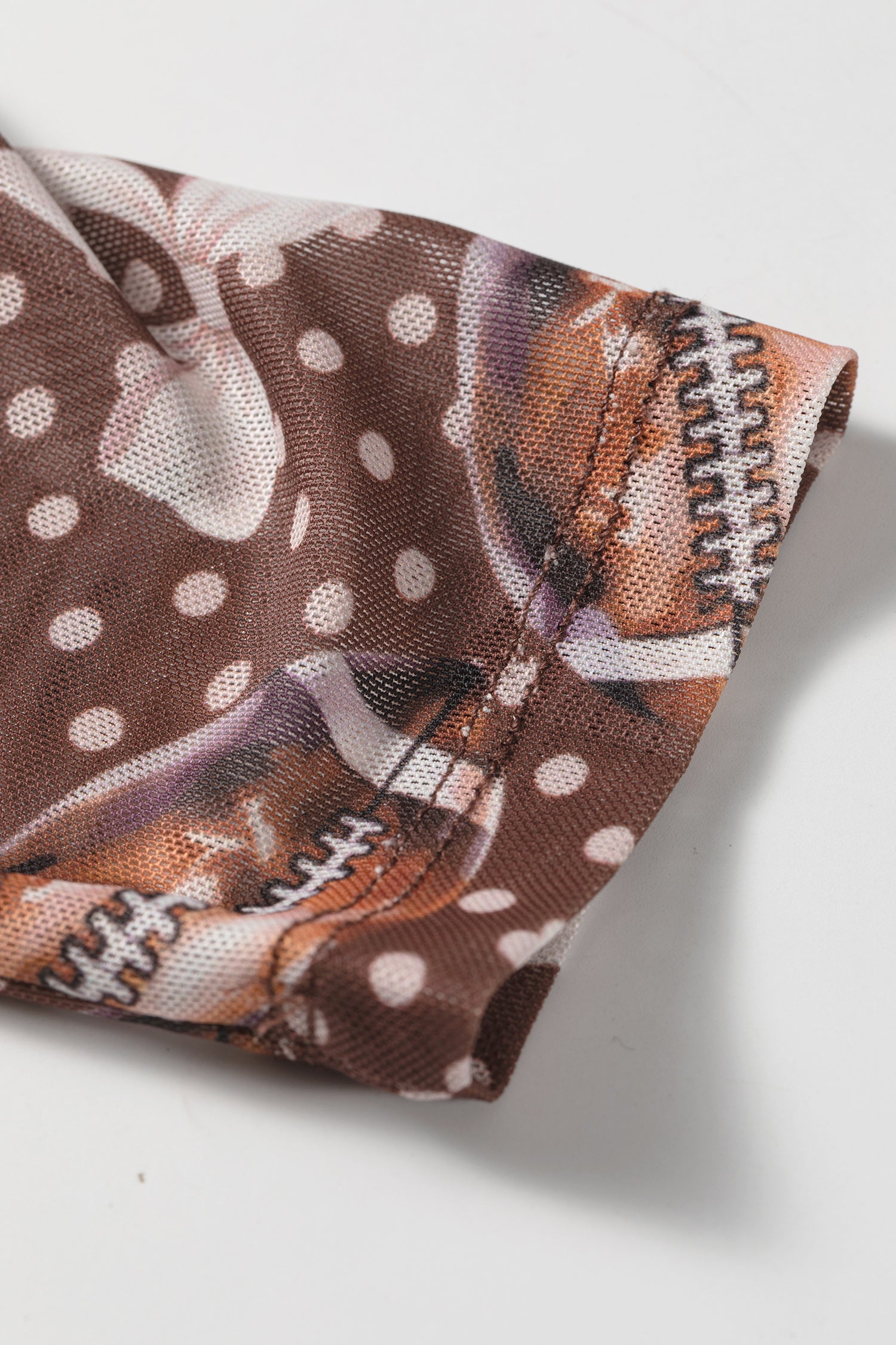 Polka Dot Bow Football Print Long Sleeve Mesh Top – Brown