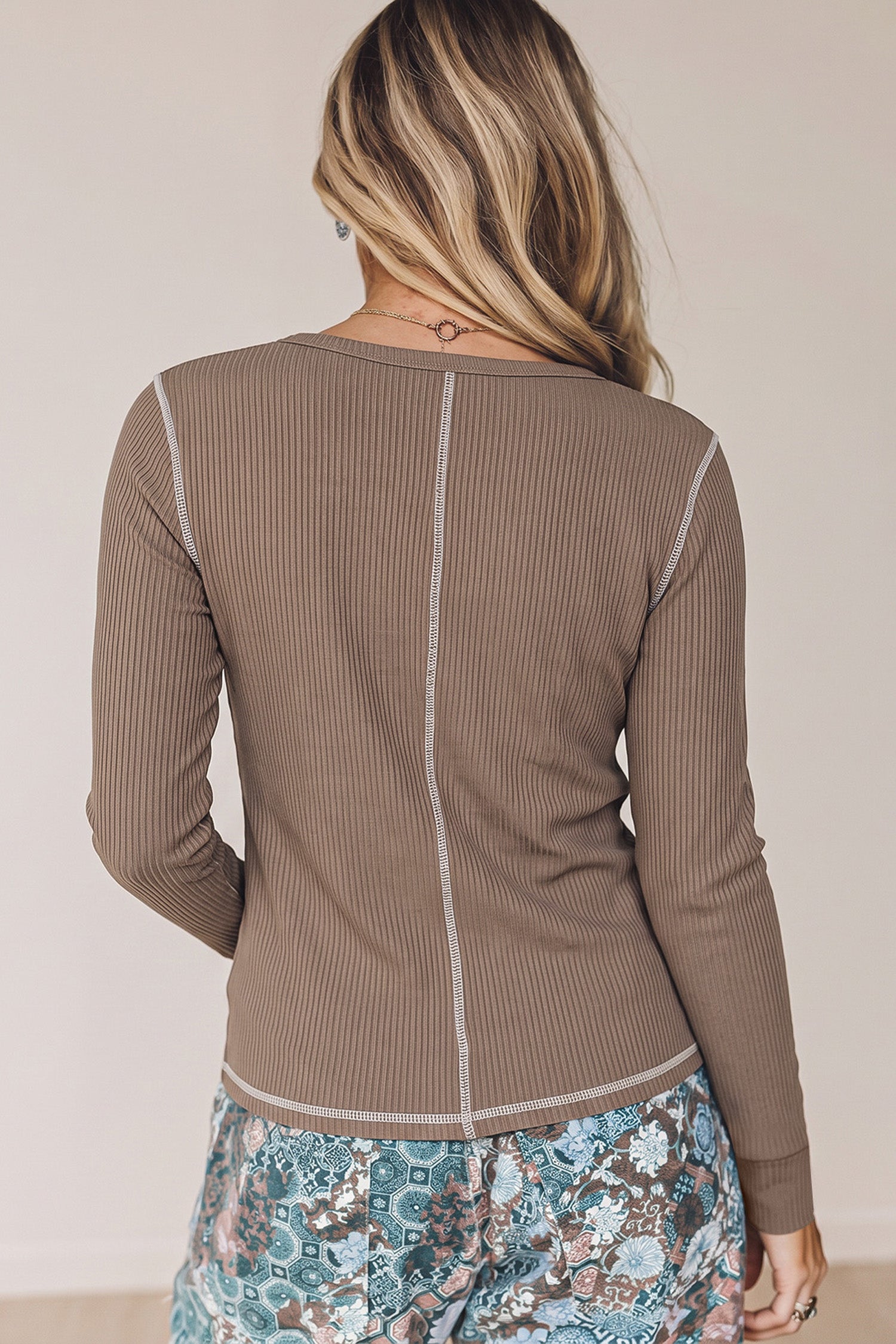 V Neck Ribbed Stitched Detail Long Sleeve Top – Dark Khaki