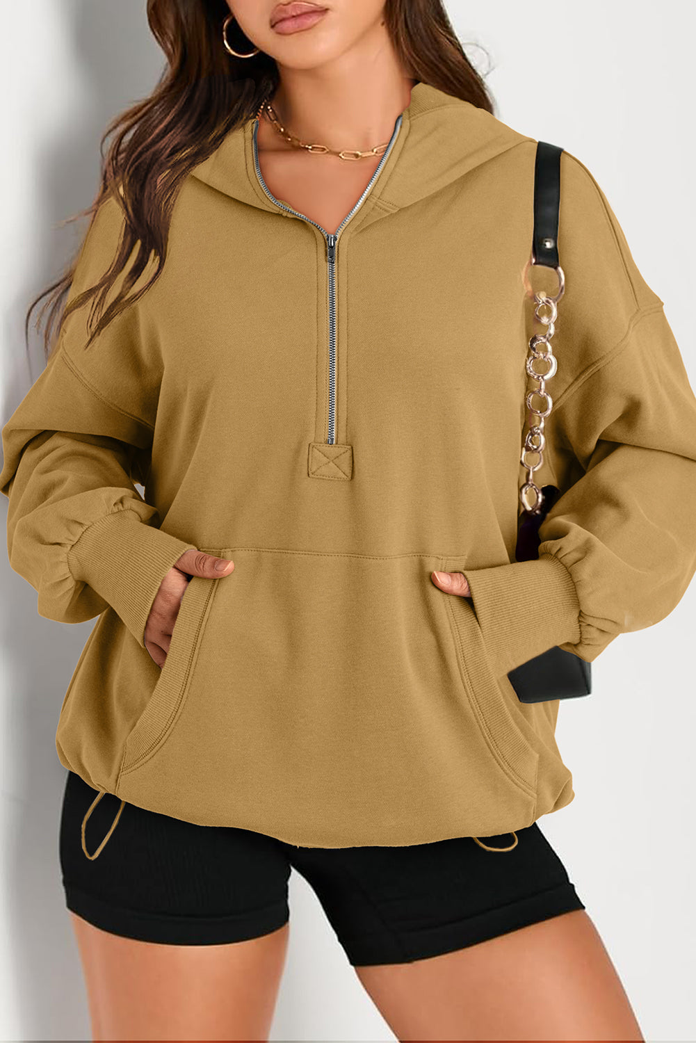 Brown Solid Kangaroo Pocket Half Zipper Oversized Hoodie eAura