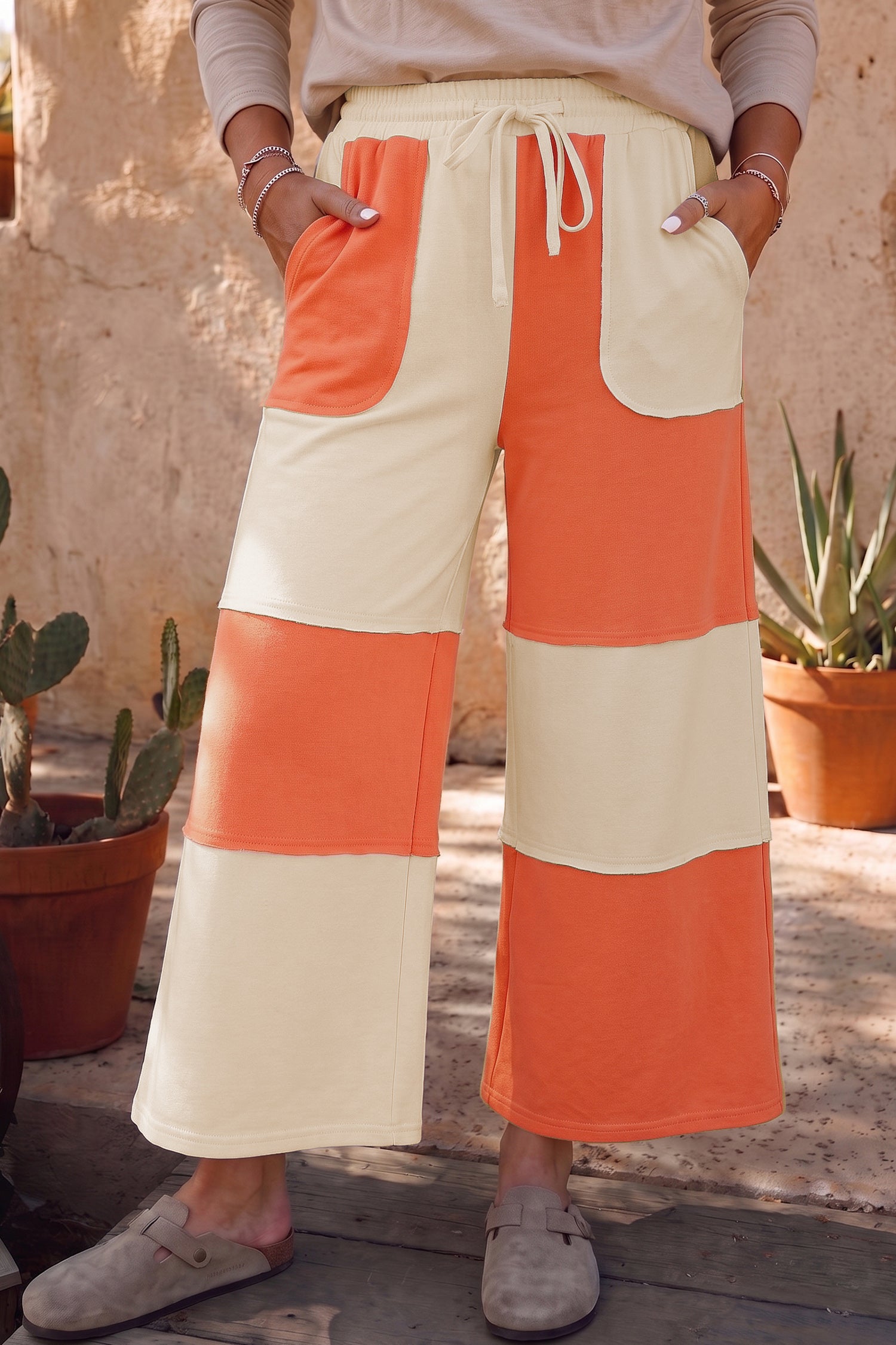 Raw Seam Colorblock Wide Leg Ankle Length Casual Pants – Fiery Red