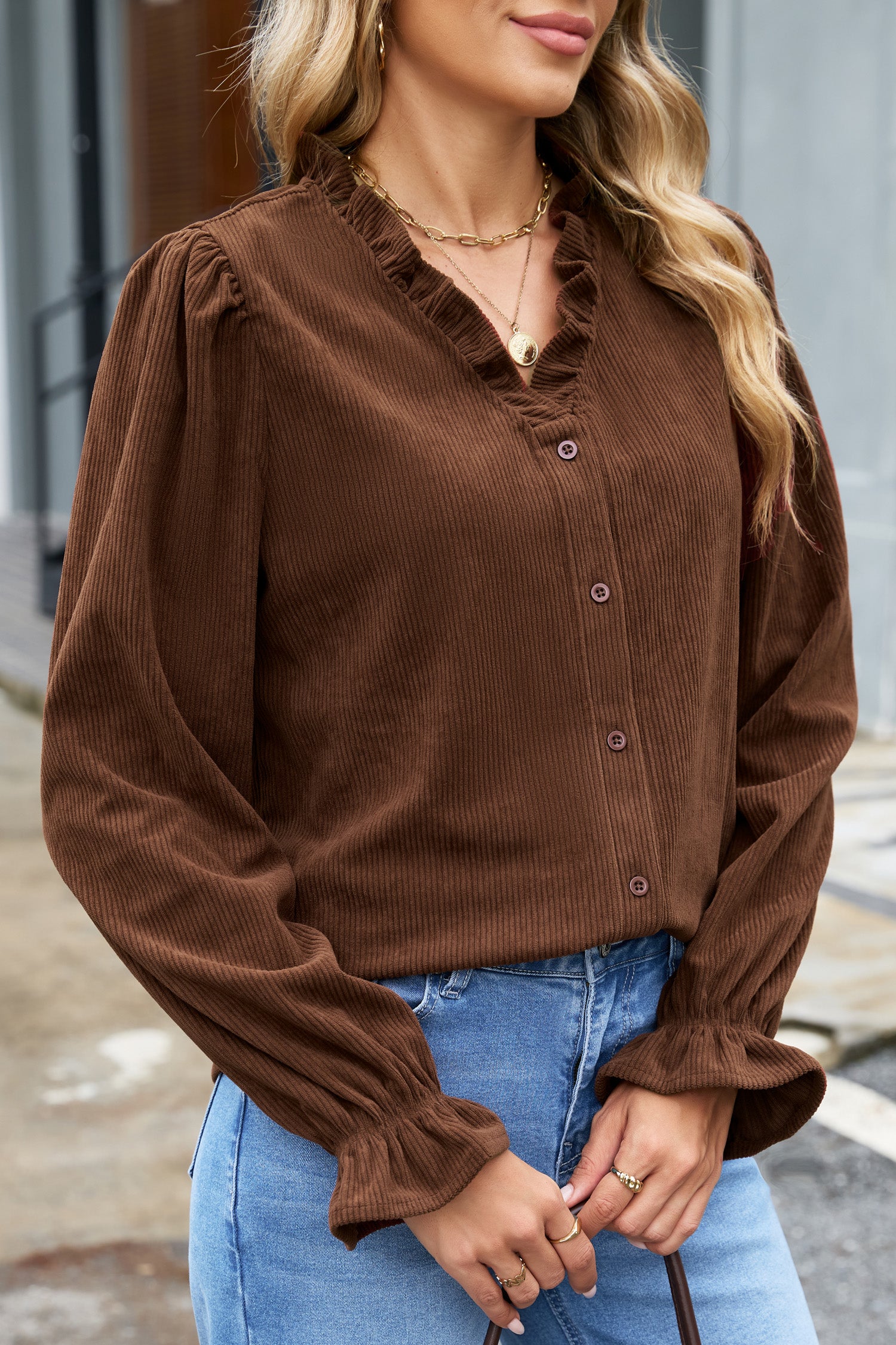 Coffee Solid Color Ruffle Trim V Neck Long Sleeve Button Corduroy Shakcet – Brown