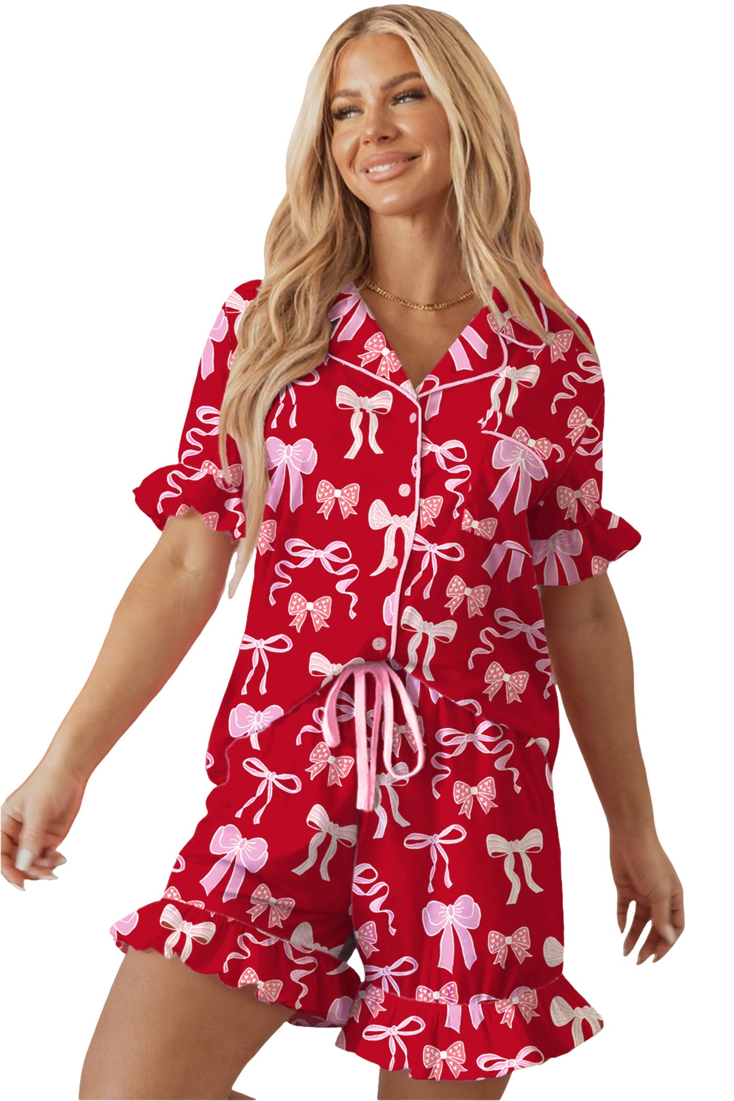 Sweet Bow Print Ruffled Short Sleeve Shirt Shorts Pyjama Set - eAura