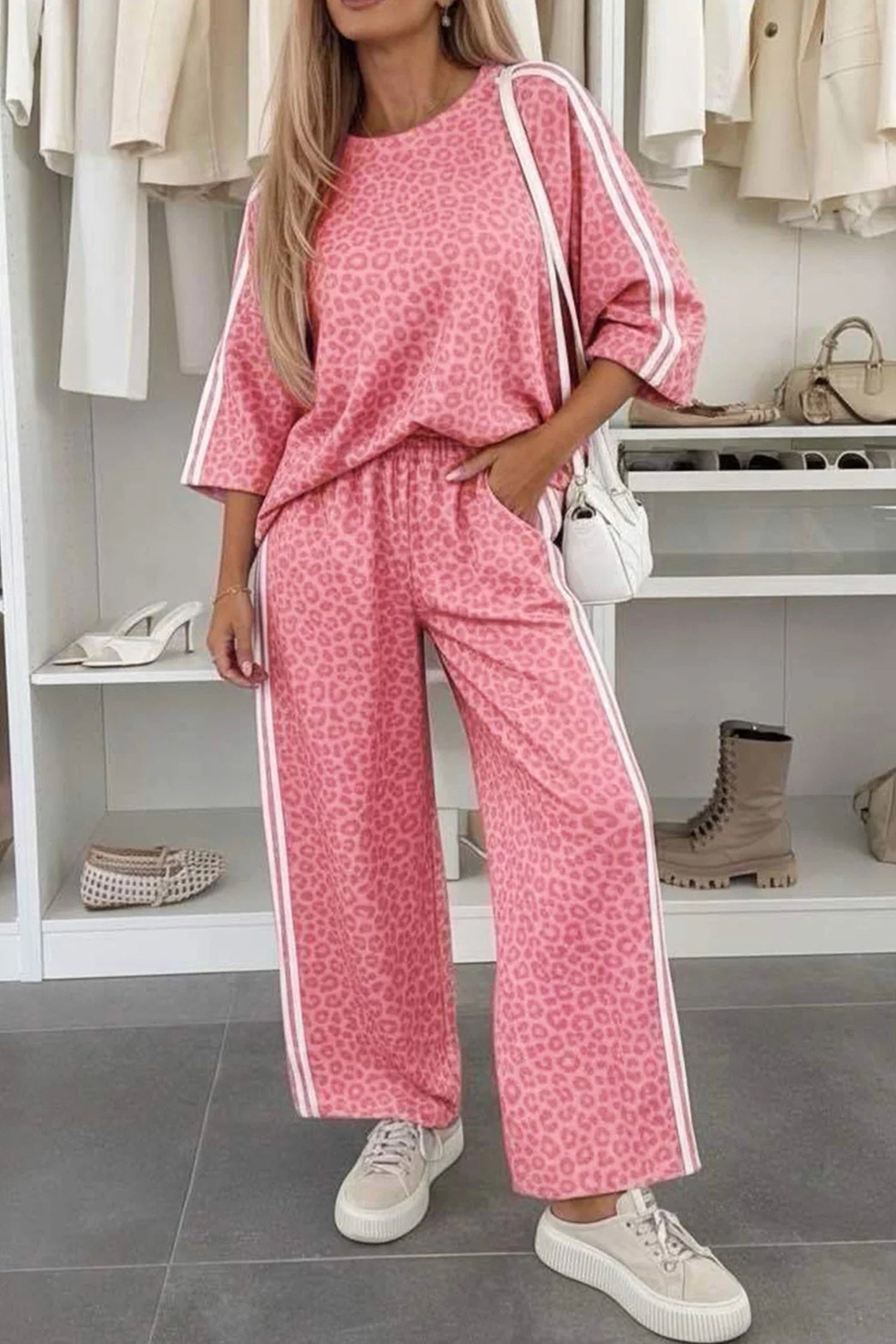 Leopard Print Varsity Striped Detail 3/4 Sleeve Top Shift Pant Set – Pink