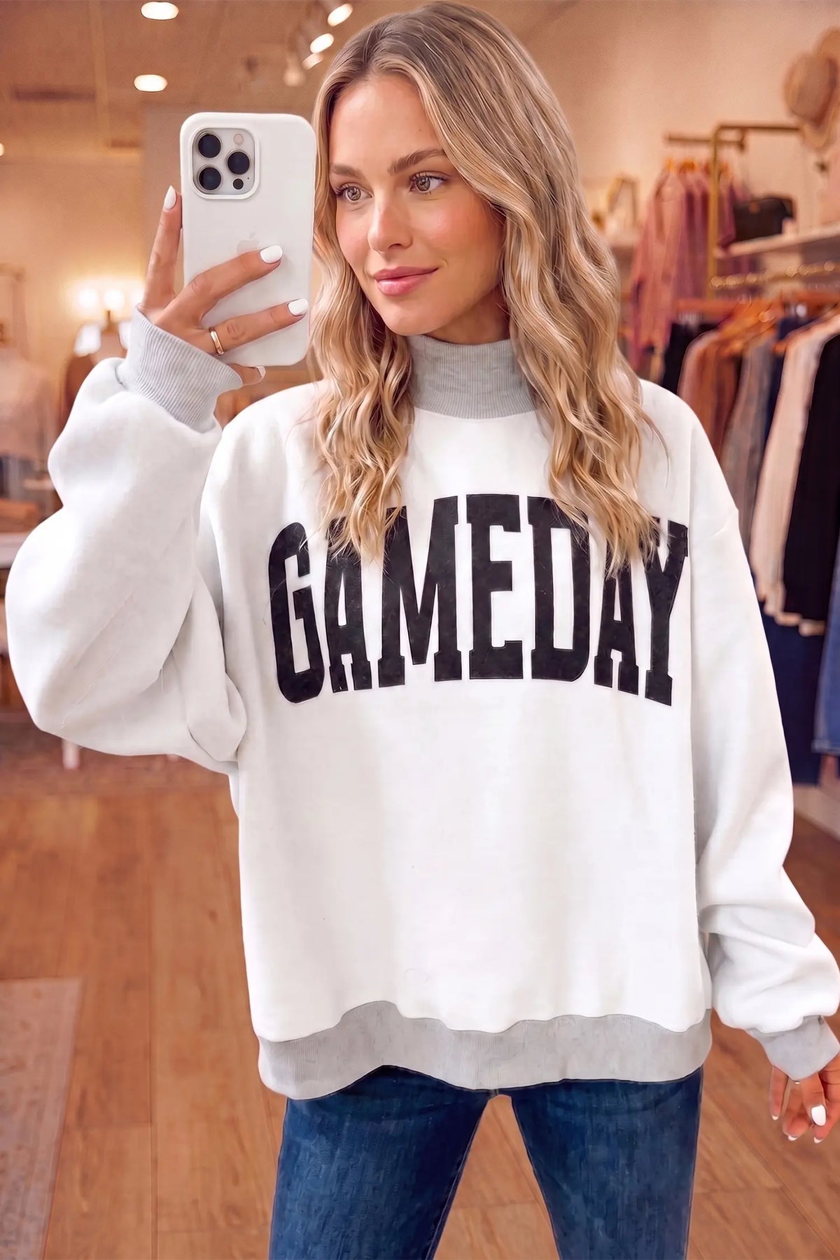 High Neck GAMEDAY/ FOOTBALL Double Side Printed Reversible Sweatshirt – Light Grey