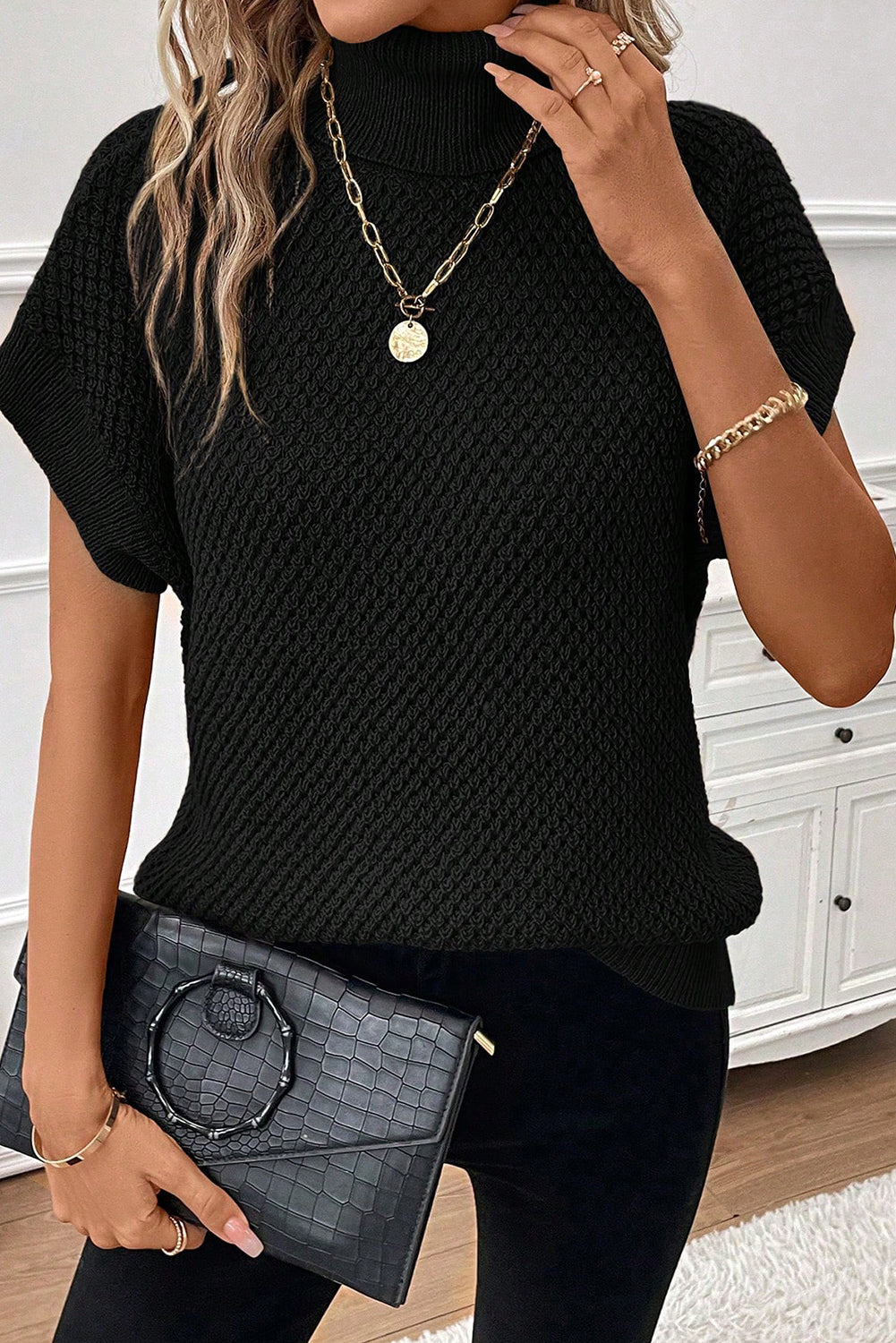 Turtleneck Textured Short Sleeve Sweater eAura
