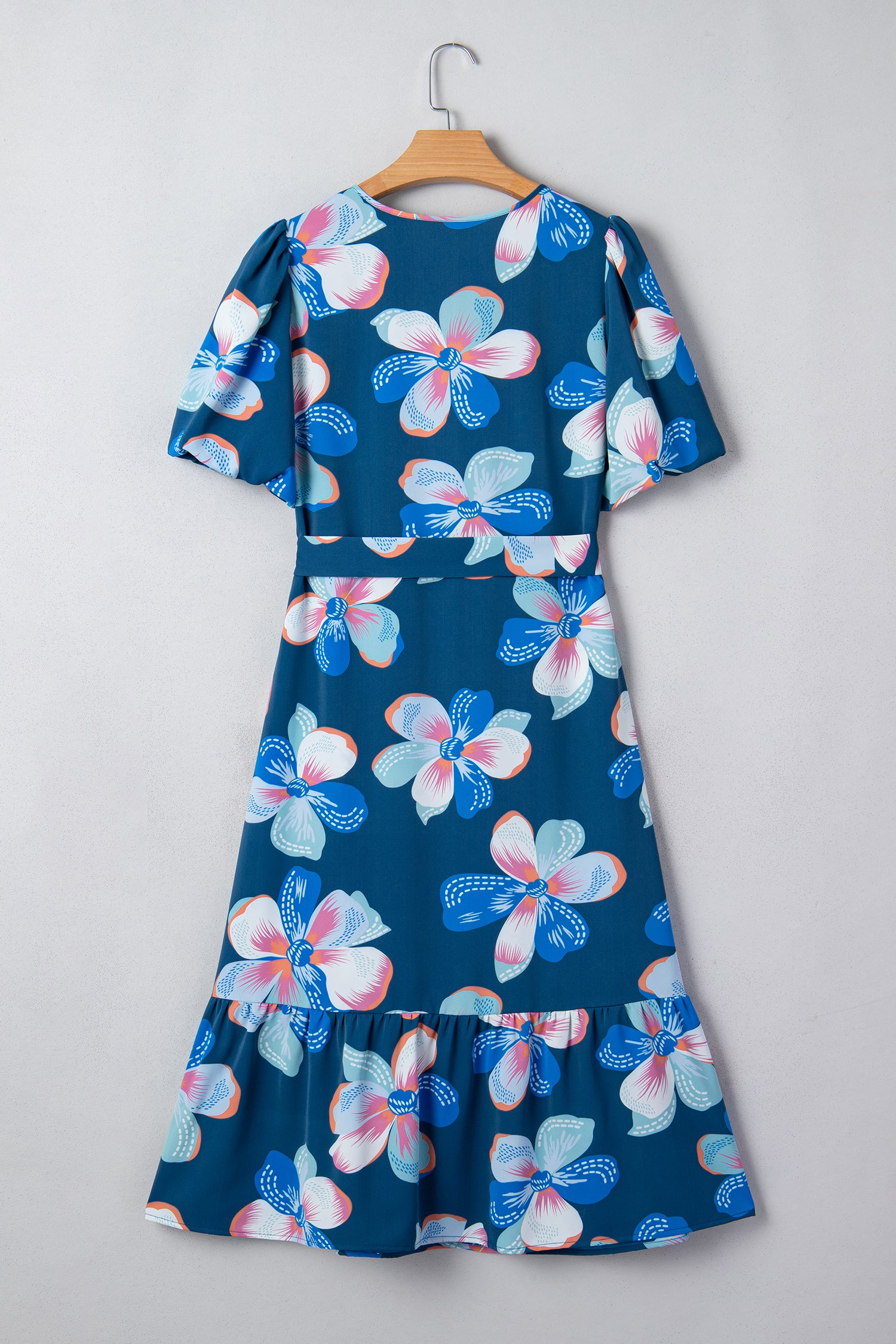Blue Floral Print Short Puff Sleeve Ruffle Hem Belted Long Dress