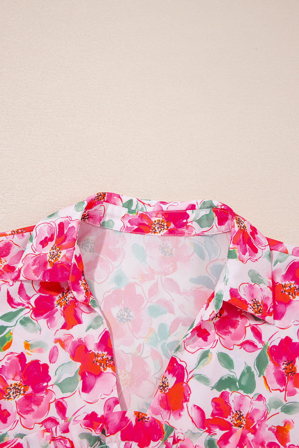 Pink Floral Boxy Fit Ruffled Short Sleeve V Neck Blouse eAura