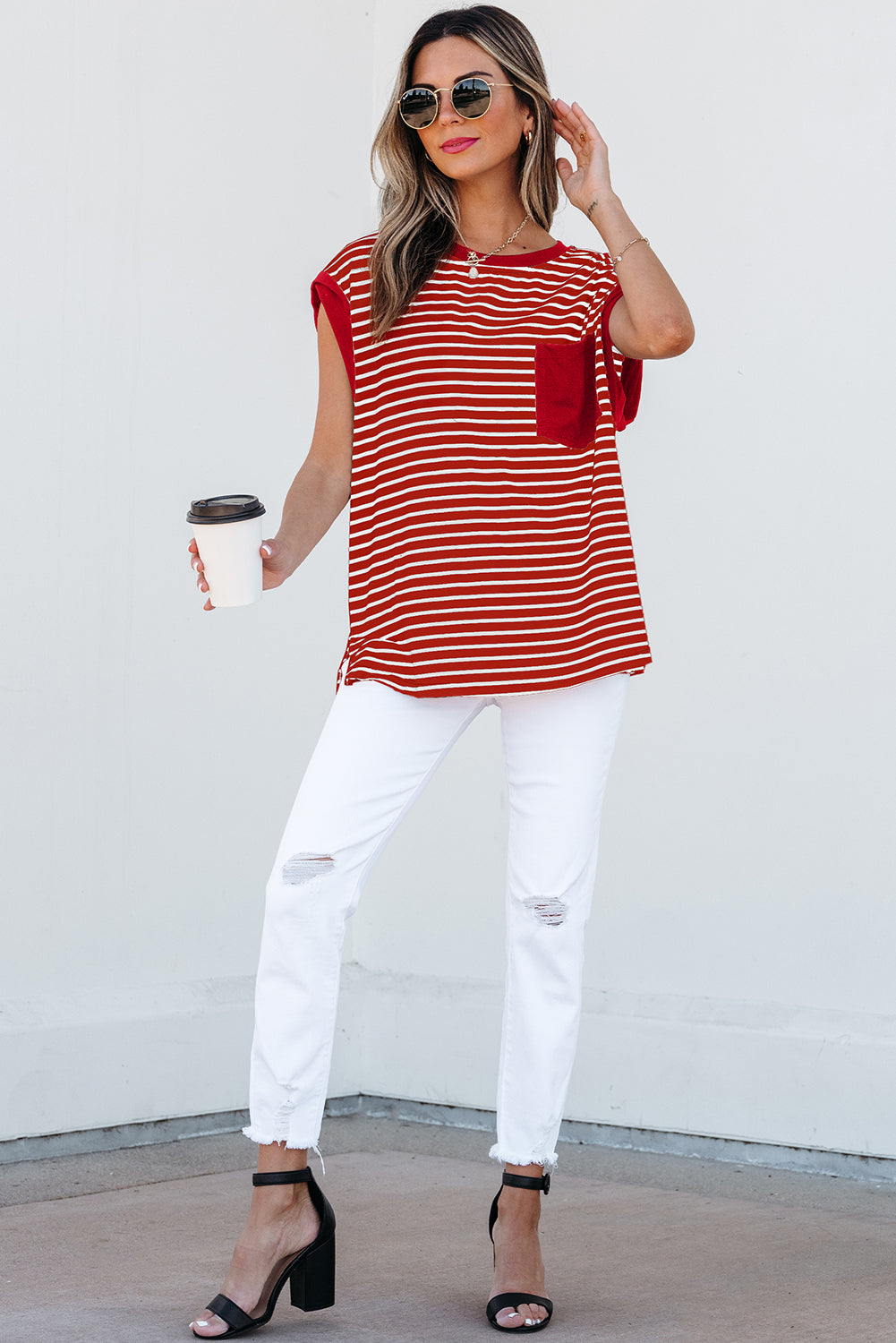 Red Stripe Chest Pocket Patch Round Neck Tank Top eAura