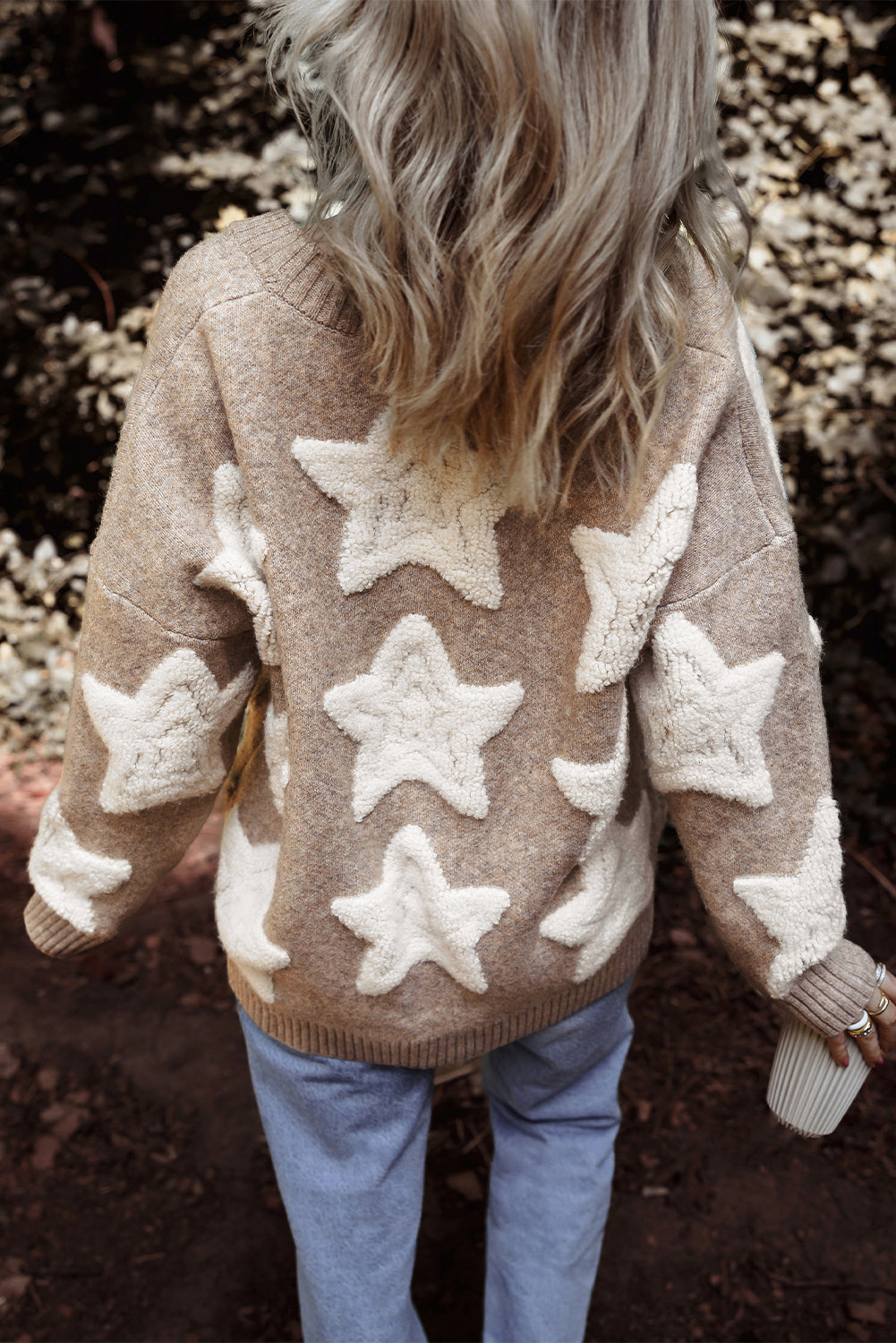 Sherpa Star Pattern Textured Sweater Cardigan with Pockets eAura