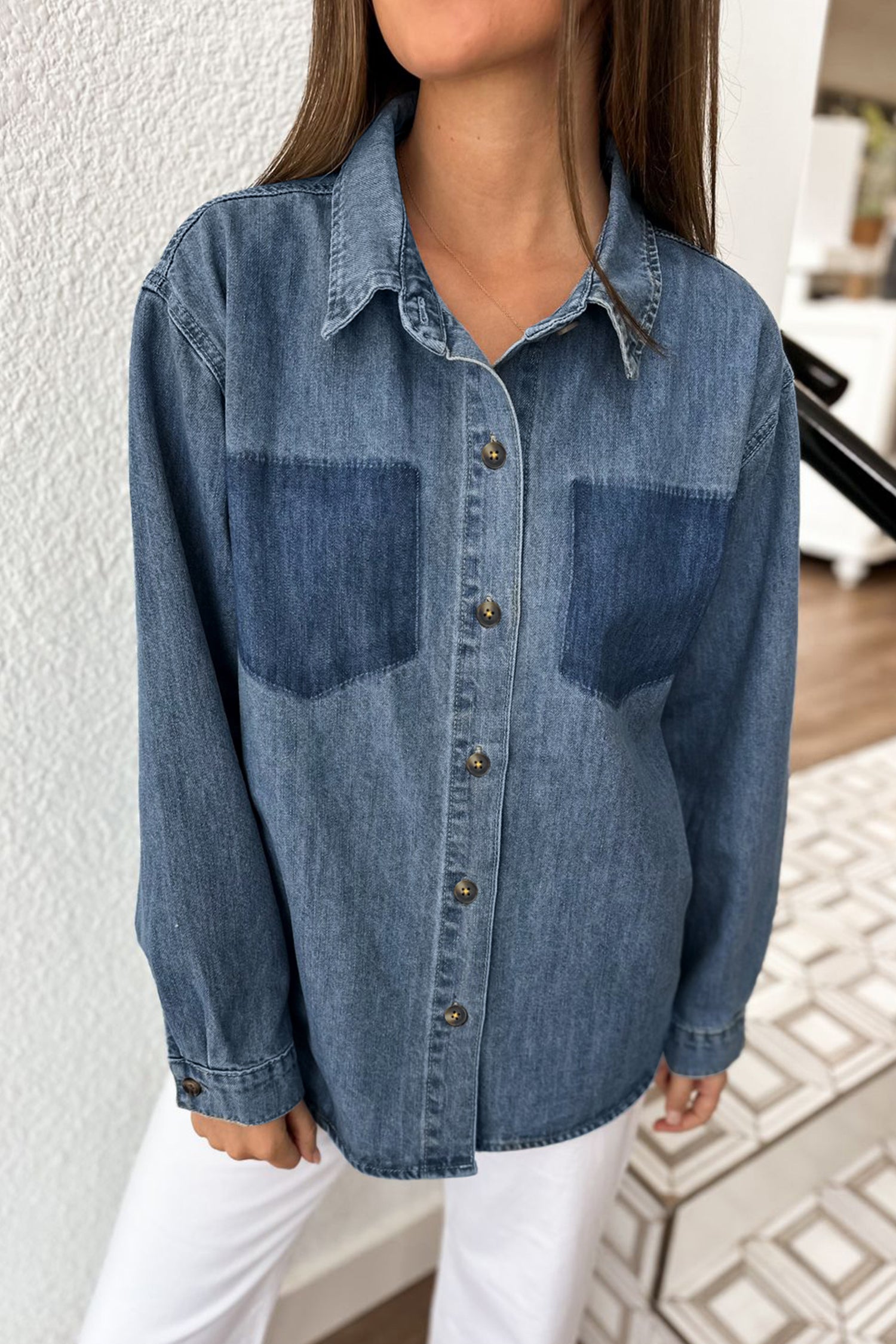 Color Block Pocket Detail Casual Button Down Denim Shirt – Sky Blue