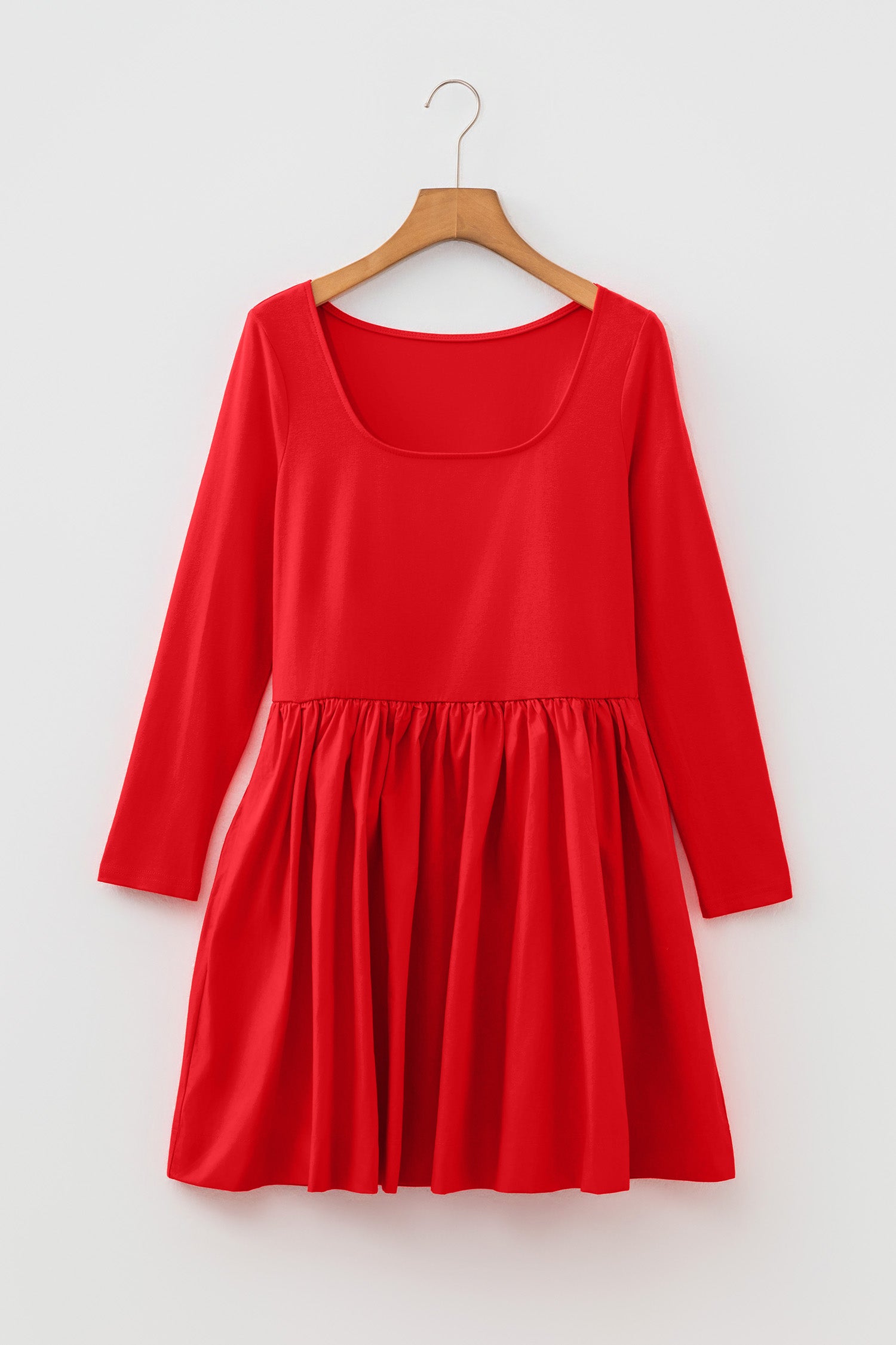 U Neck Long Sleeve Fit and Flare Short Dress – Fiery Red