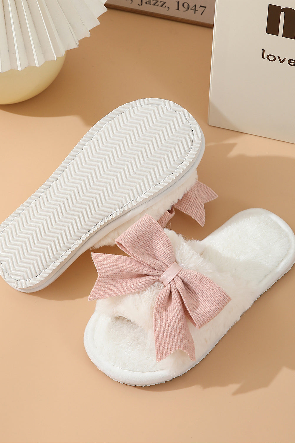 White Bow Knot Decor Open Toe Plush Slippers BB Fashion Outlet