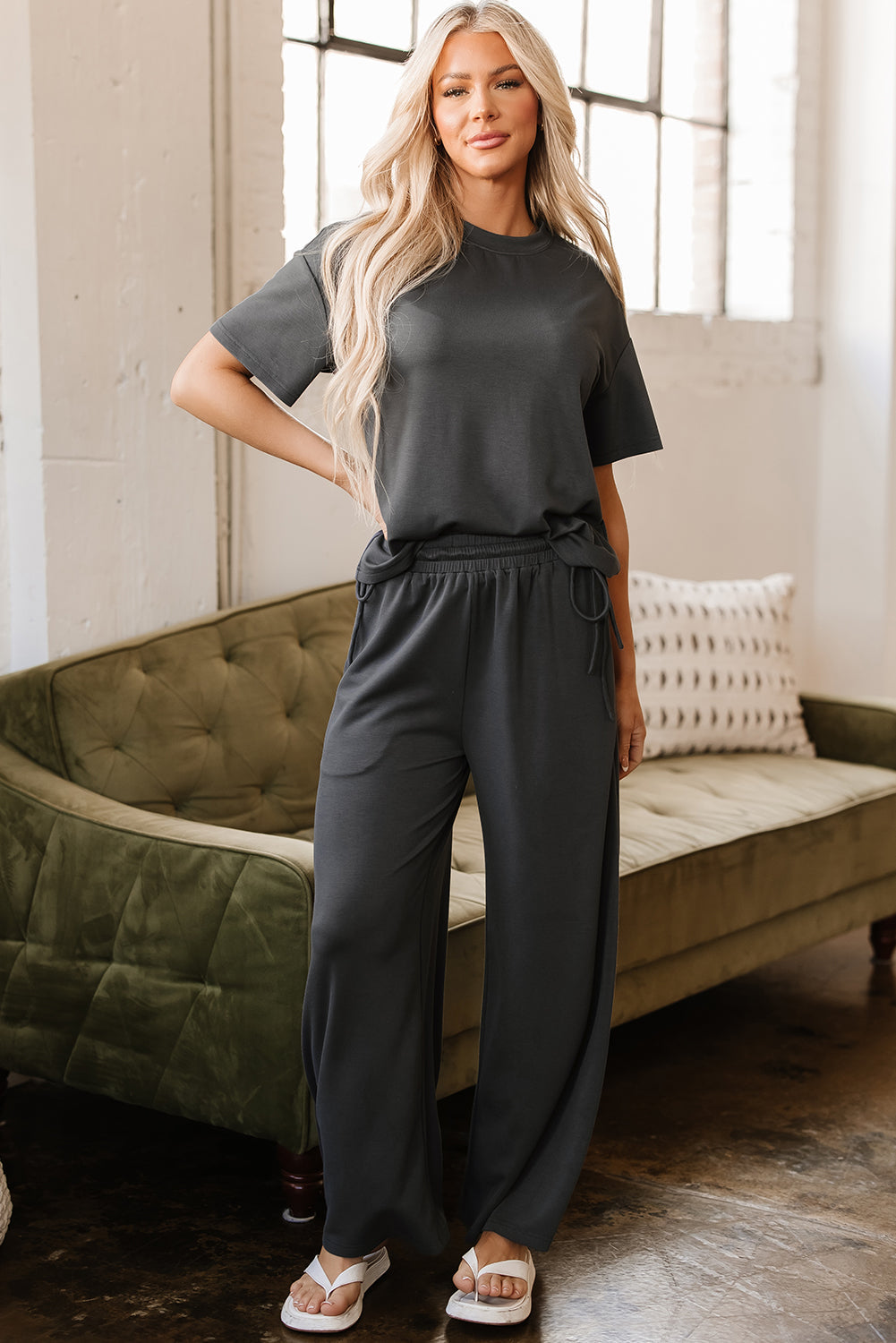 Dark Grey Drawstring Side Crewneck Tee and Loose Trousers Set eAura