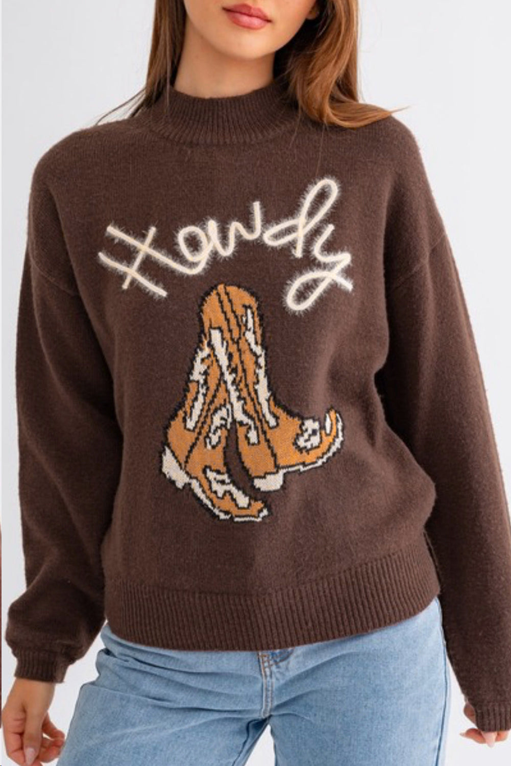 Coffee Western Howdy Boot Graphic High Neck Sweater Beagle Boutique Fashion Outlet
