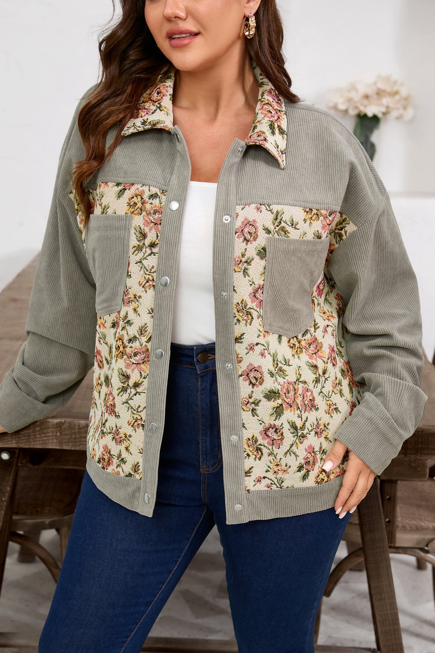 Soft Corduroy Floral Patchwork Jacket - eAura