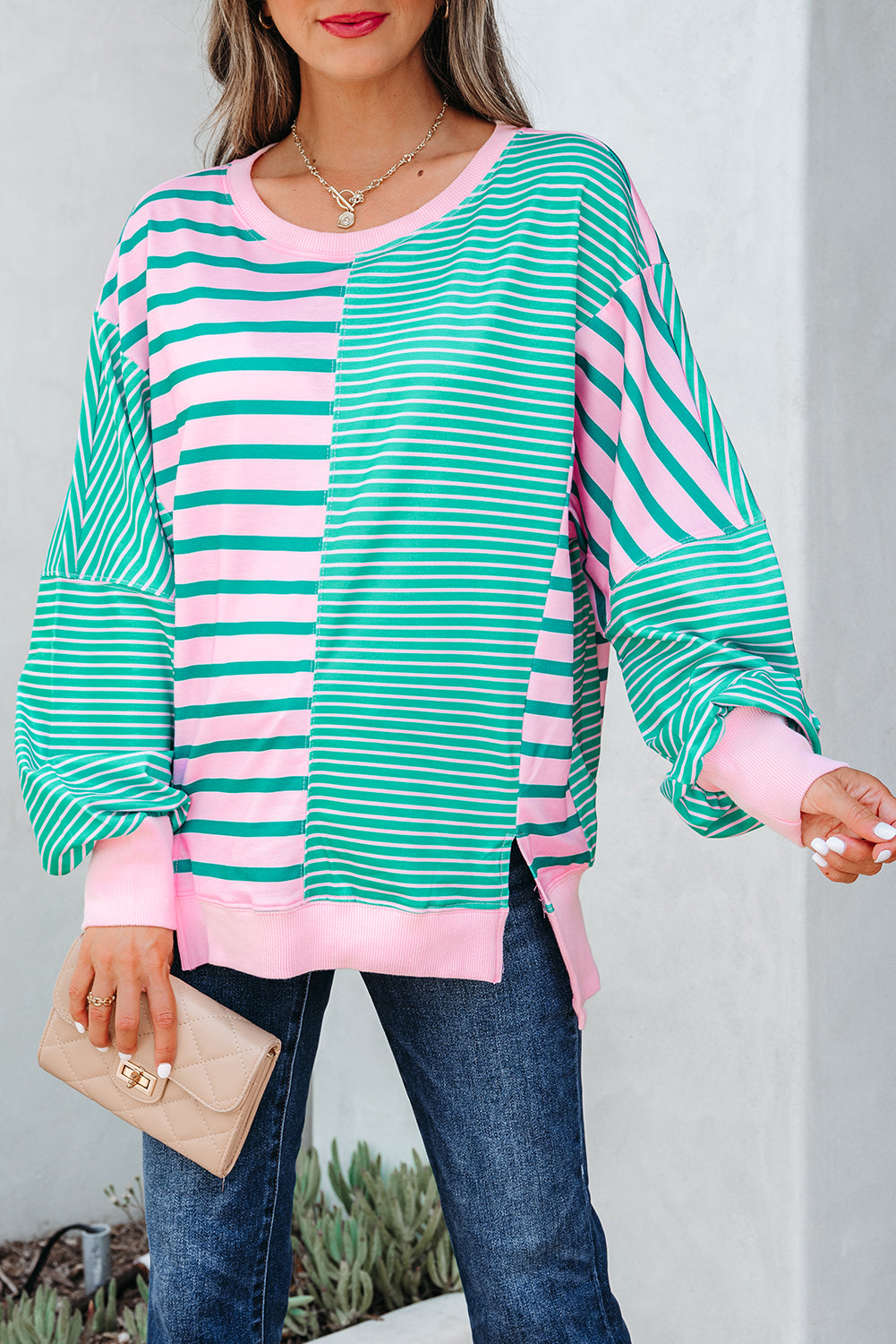 Green Stripe Patchwork Side Slit Oversized Sweatshirt - eAura