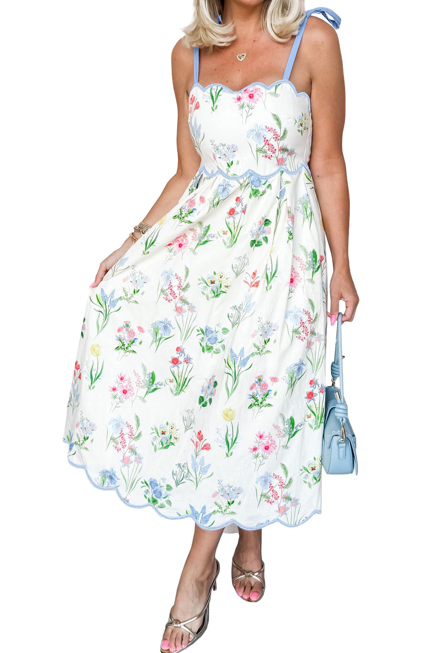 Floral Print Contrast Trim Self-Tie Straps Midi Dress
