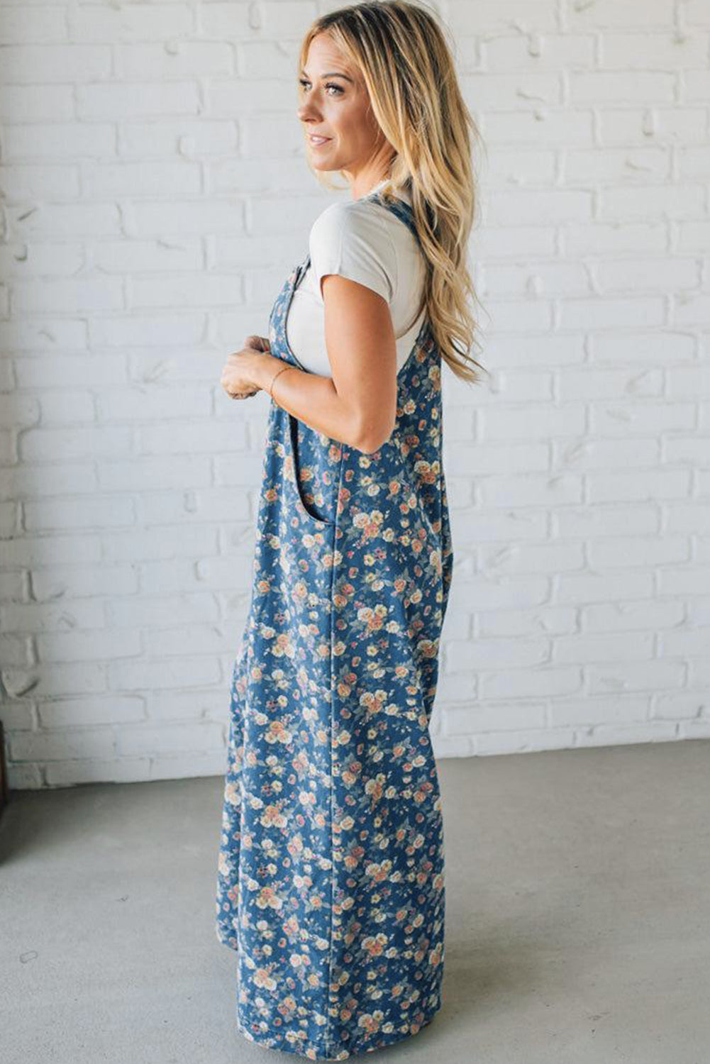 Blue Vintage Rose Printed Pleated Loose Denim Jumpsuit Dungarees